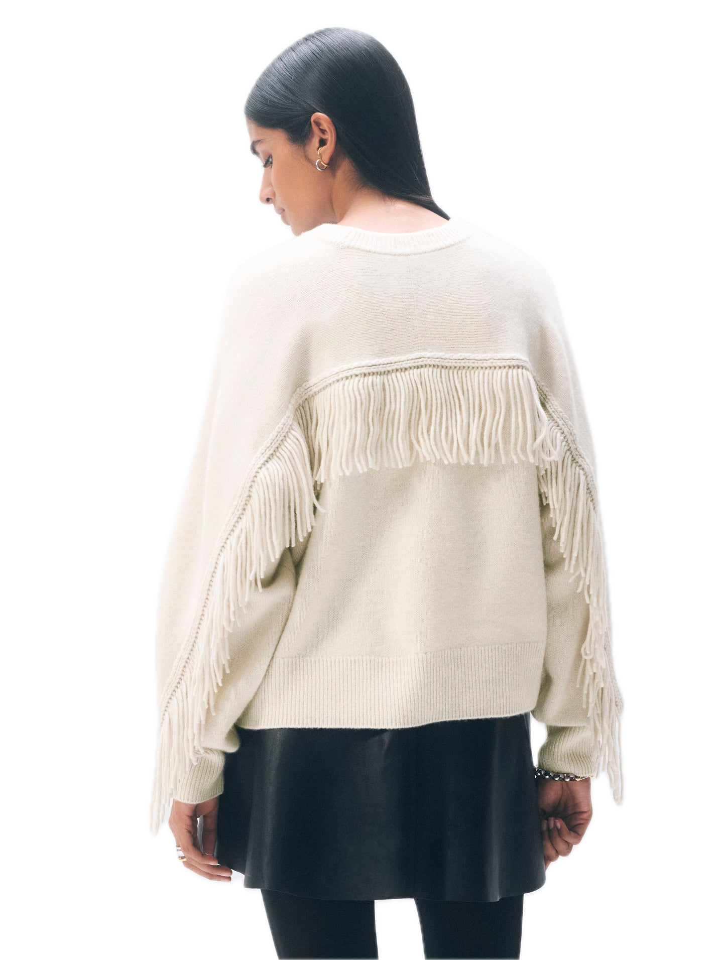 White & Warren Cashmere Blend Luxe Fringe Crewneck Sweater