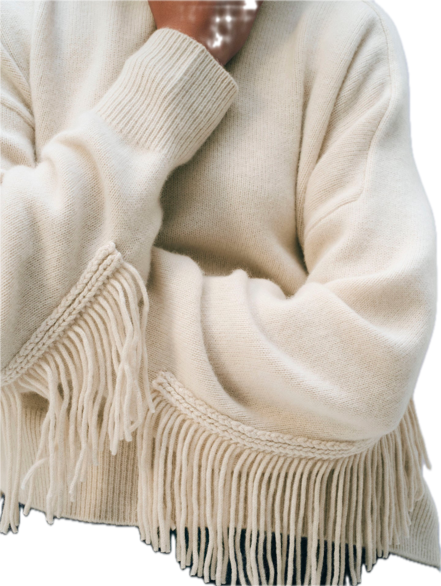 White & Warren Cashmere Blend Luxe Fringe Crewneck Sweater