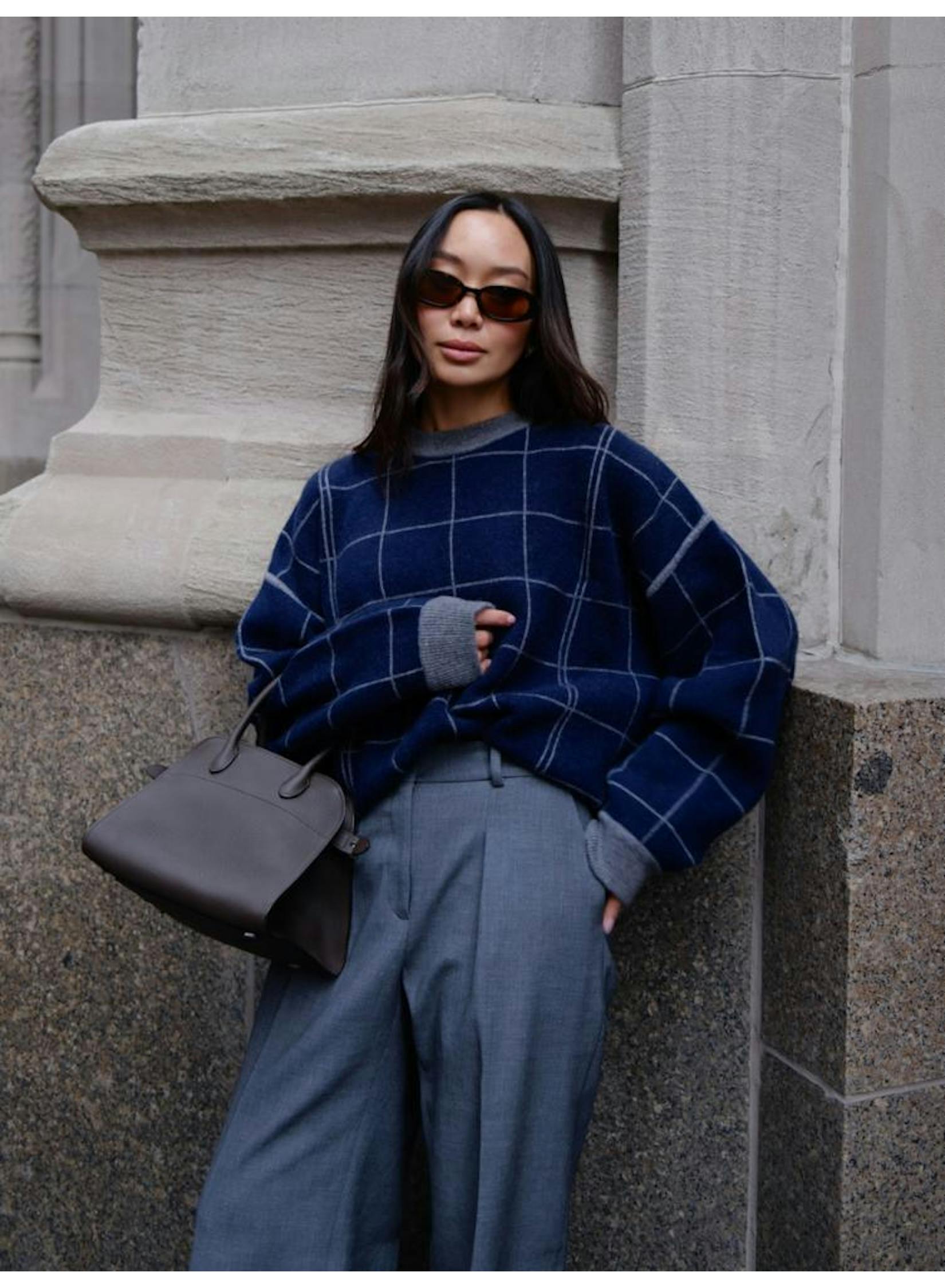 White & Warren Cashmere Blend Windowpane Crewneck in Navy Combo