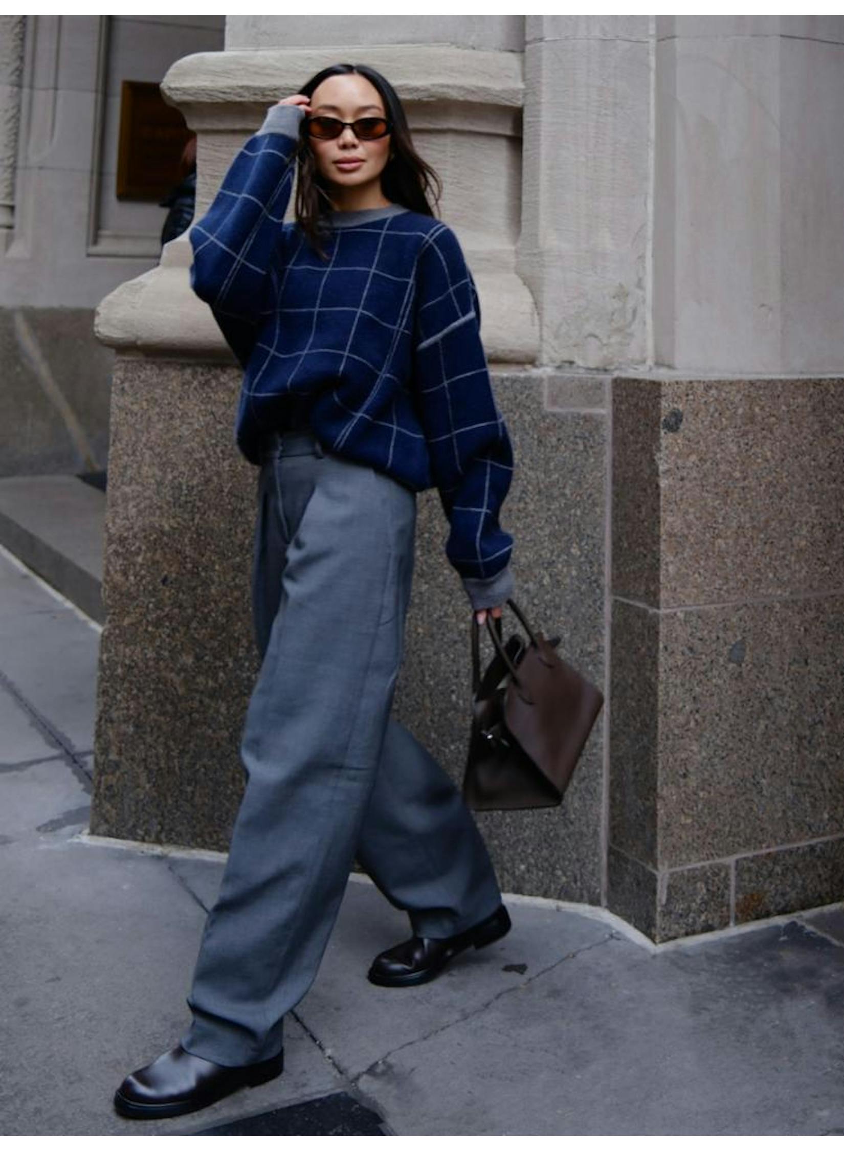 White & Warren Cashmere Blend Windowpane Crewneck in Navy Combo