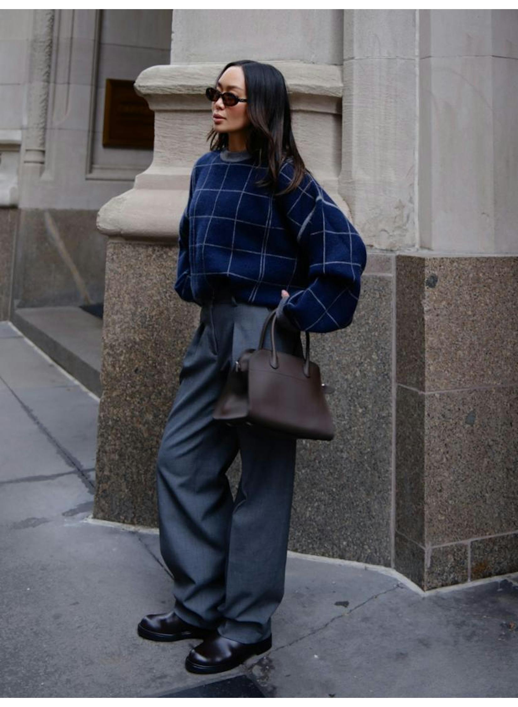 White & Warren Cashmere Blend Windowpane Crewneck in Navy Combo