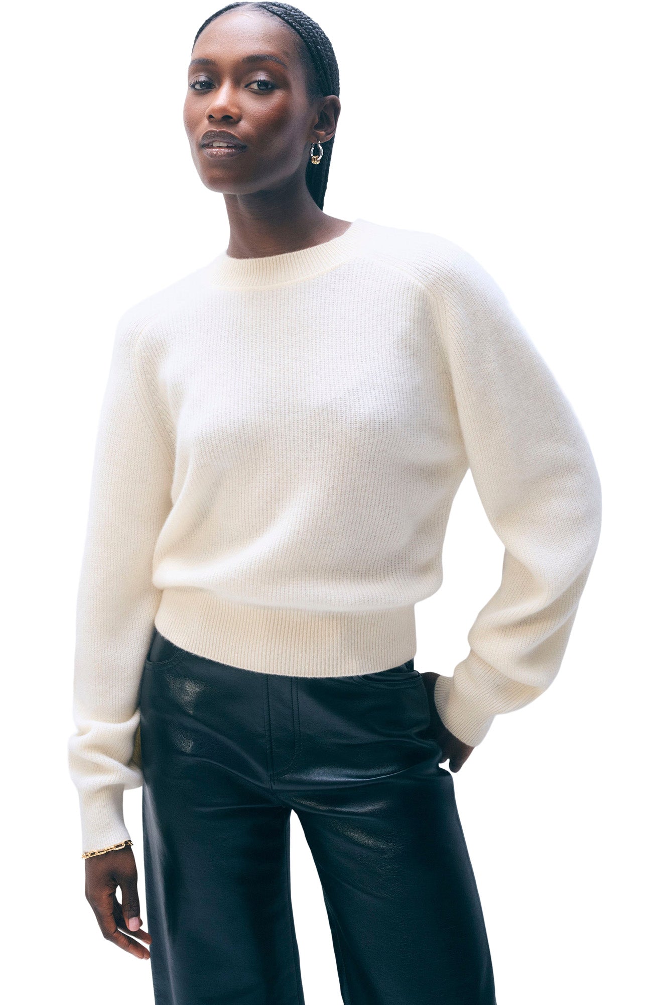 White & Warren Cashmere Blouson Sleeve Crewneck
 in Soft White