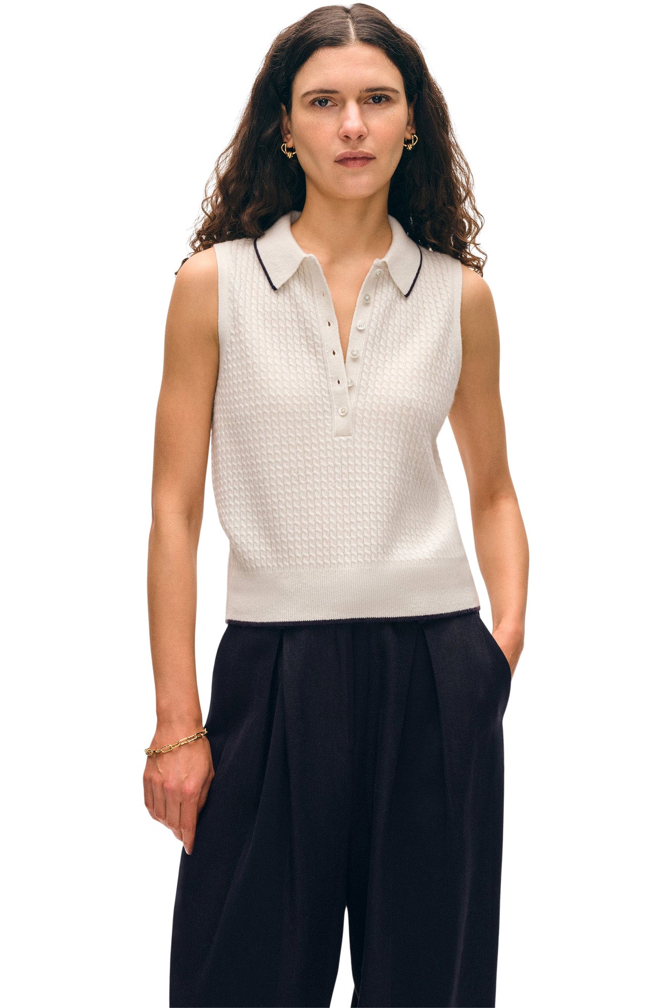 White & Warren Cashmere Cable Sleeveless Polo
 in Soft White Deep Navy
