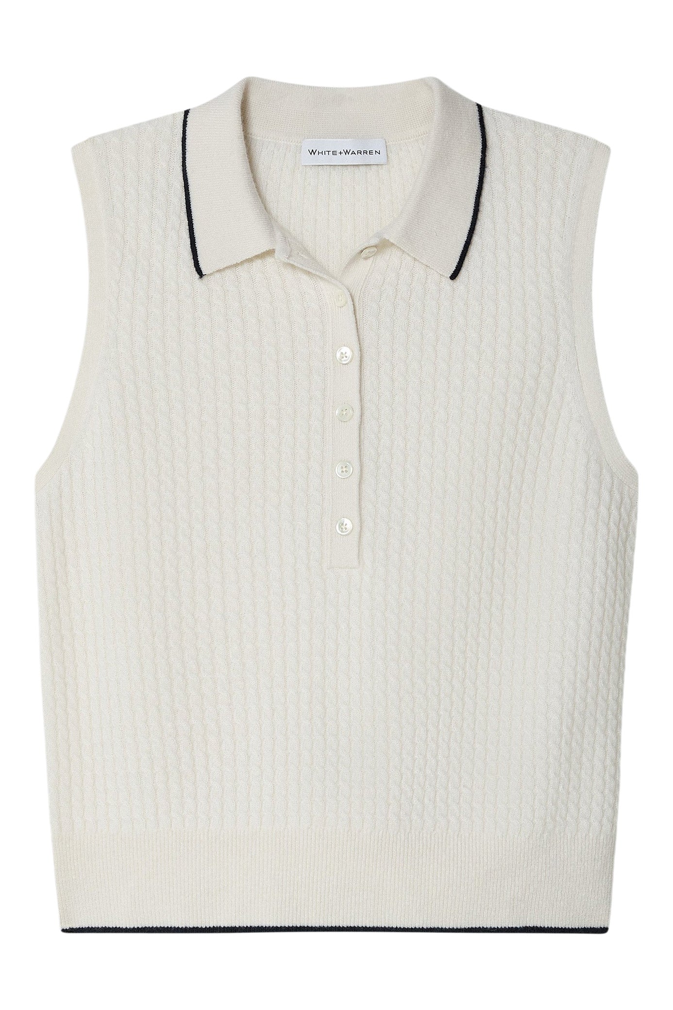 White & Warren Cashmere Cable Sleeveless Polo
 in Soft White Deep Navy