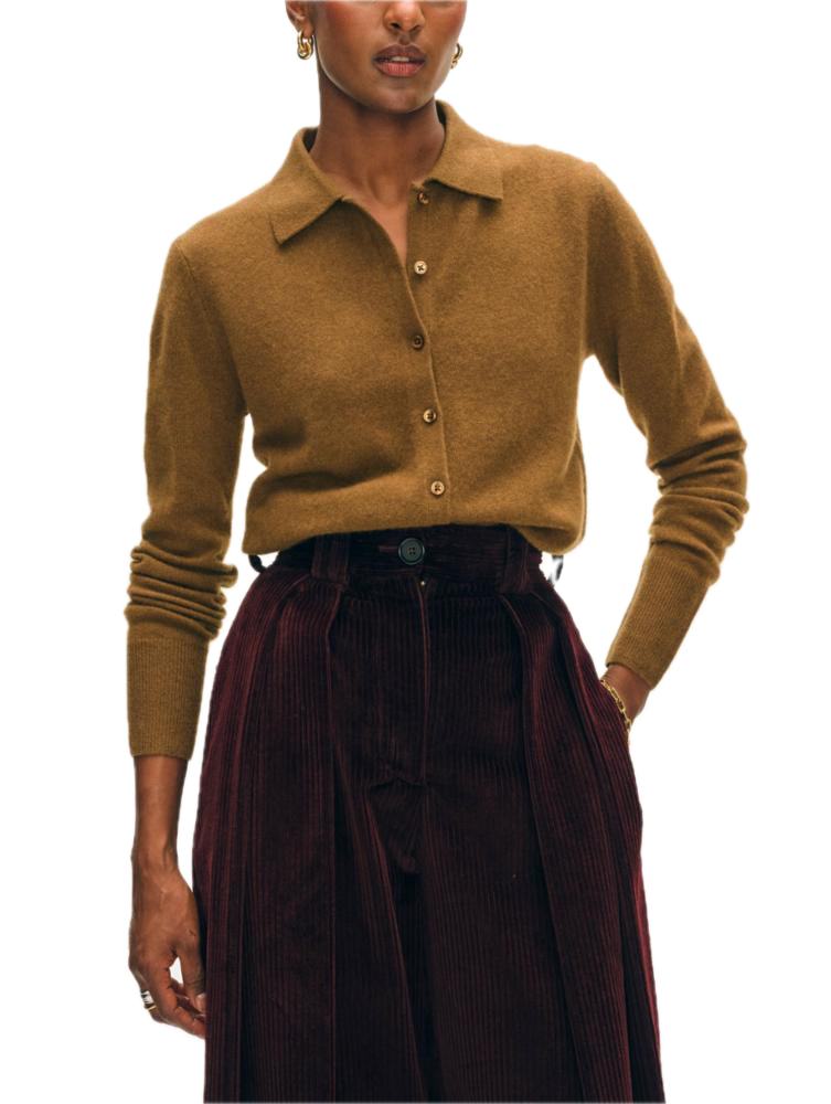 White & Warren Cashmere Collared Cardigan in Golden Brown
