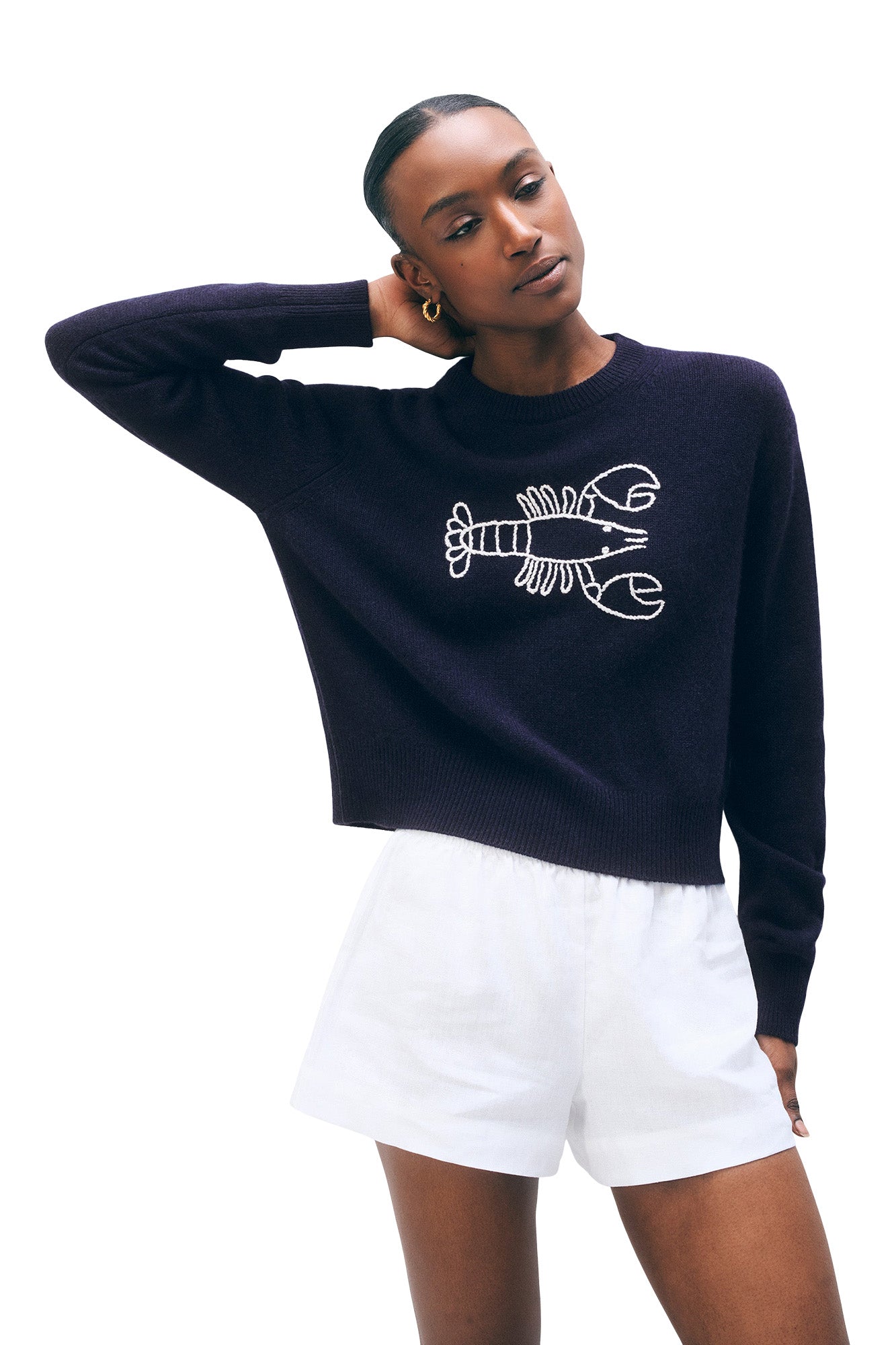 White & Warren Cashmere Embroidered Lobster Crewneck in Deep Navy-Soft White