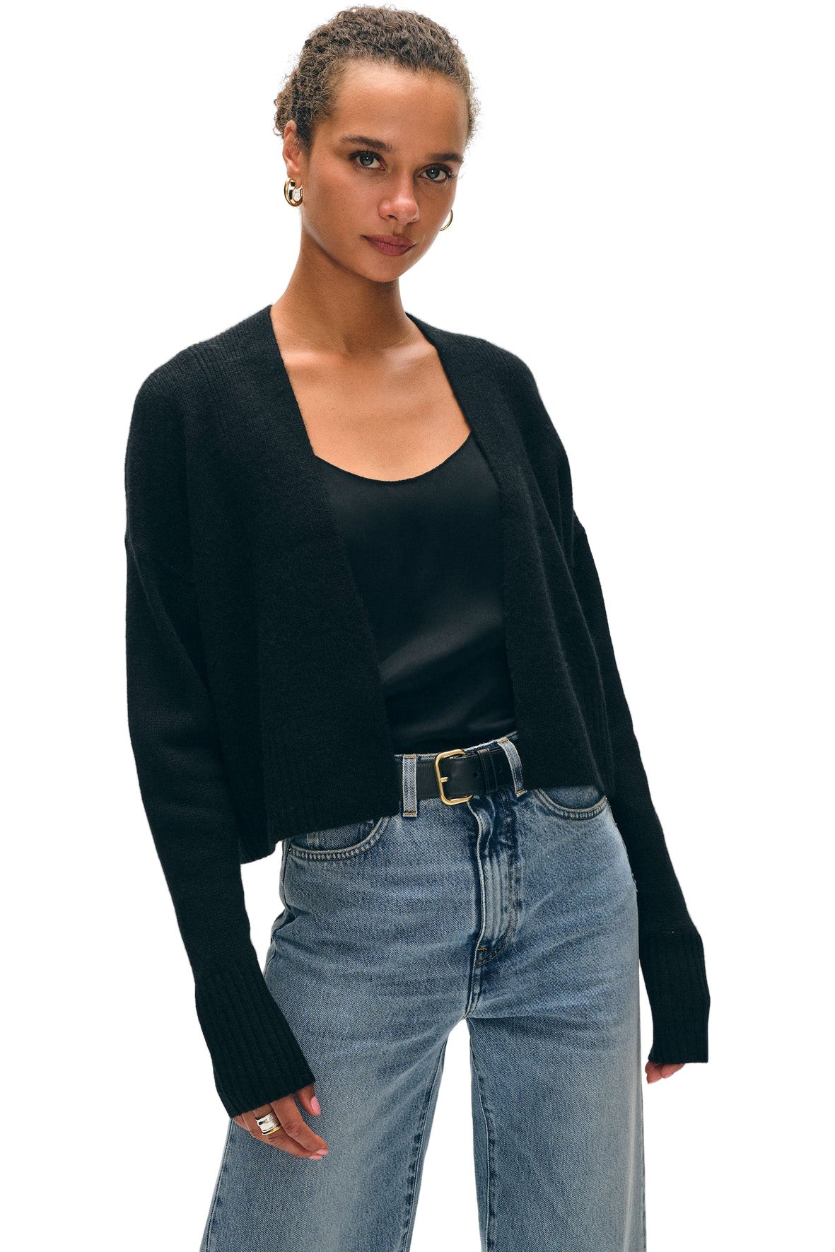 White & Warren Cashmere Open Front Cardigan in Black