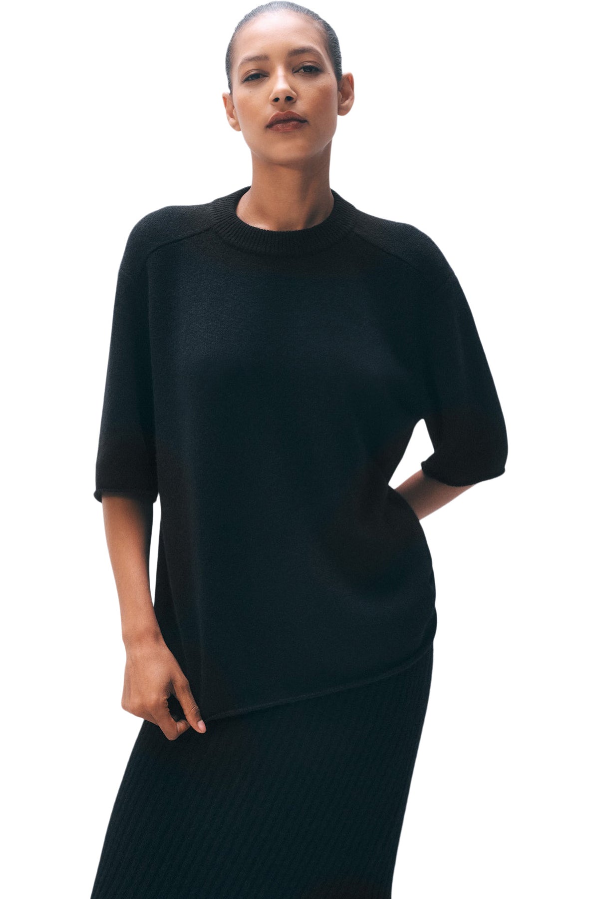 White & Warren Cashmere Oversized Tee in Black