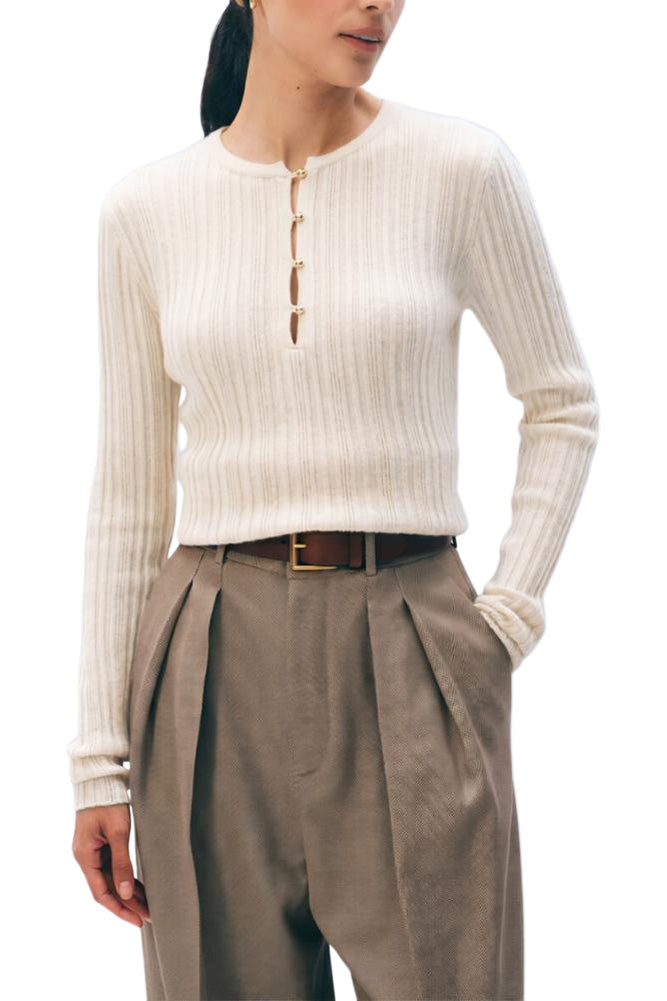 White & Warren Cashmere Ribbed Henley in Soft White