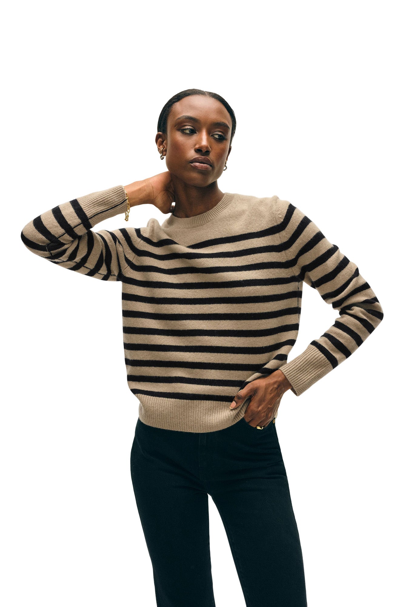White & Warren Cashmere Striped Crewneck in Khaki - Black