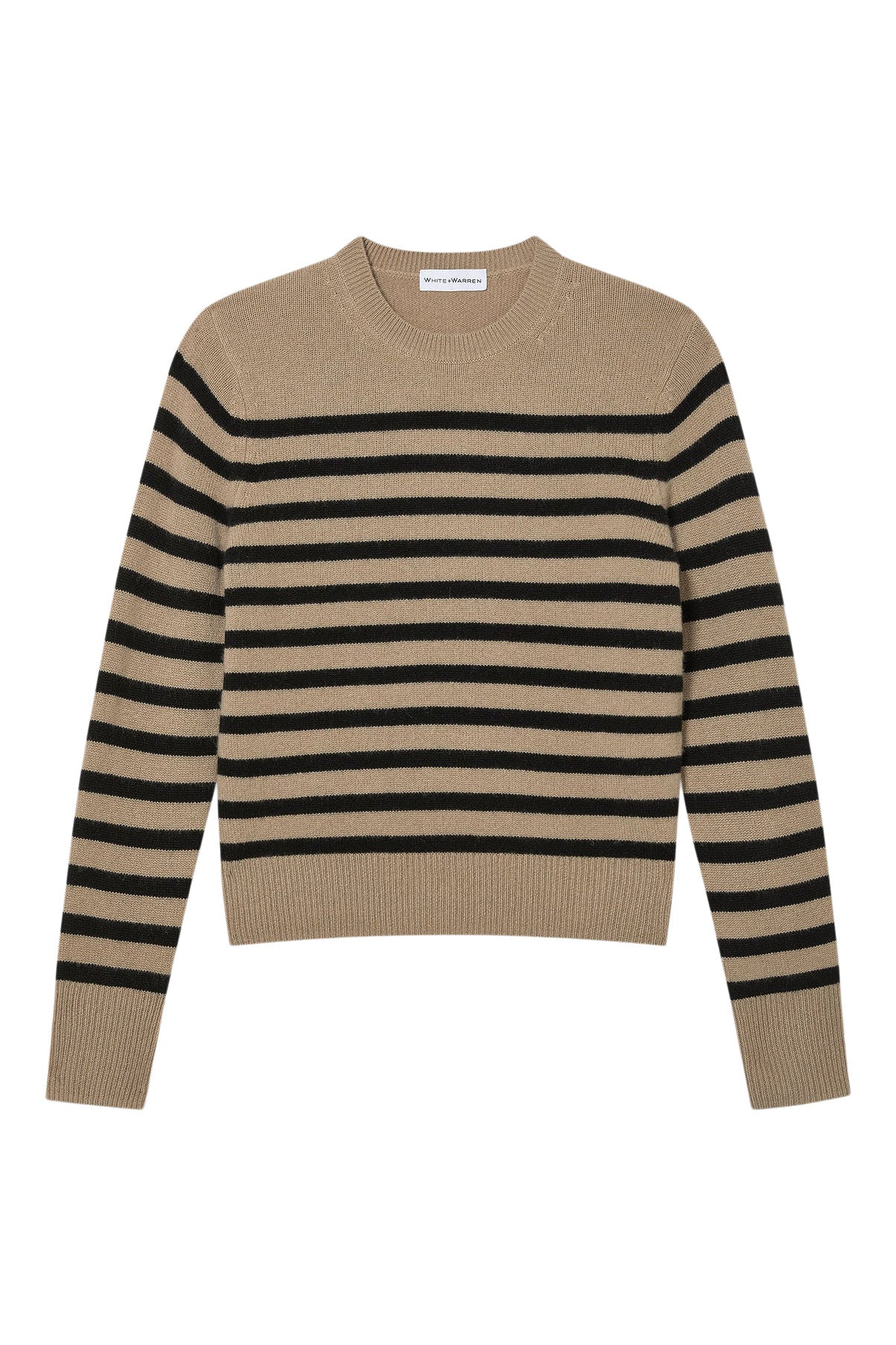 White & Warren Cashmere Striped Crewneck in Khaki - Black
