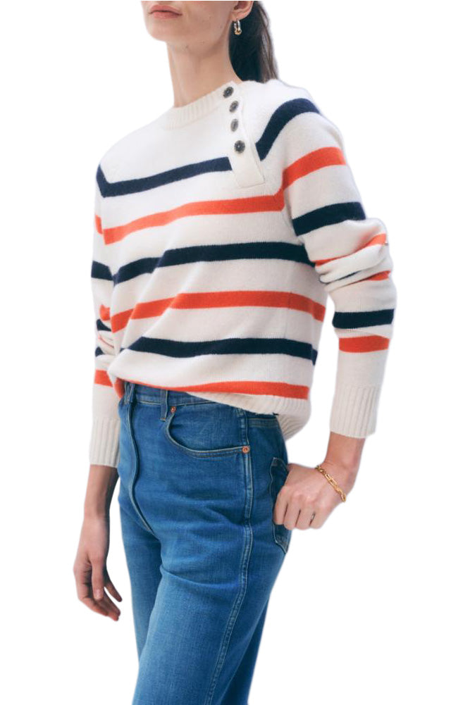 White & Warren Cashmere Striped Sweater in Soft White - Poppy Red - Deep Navy