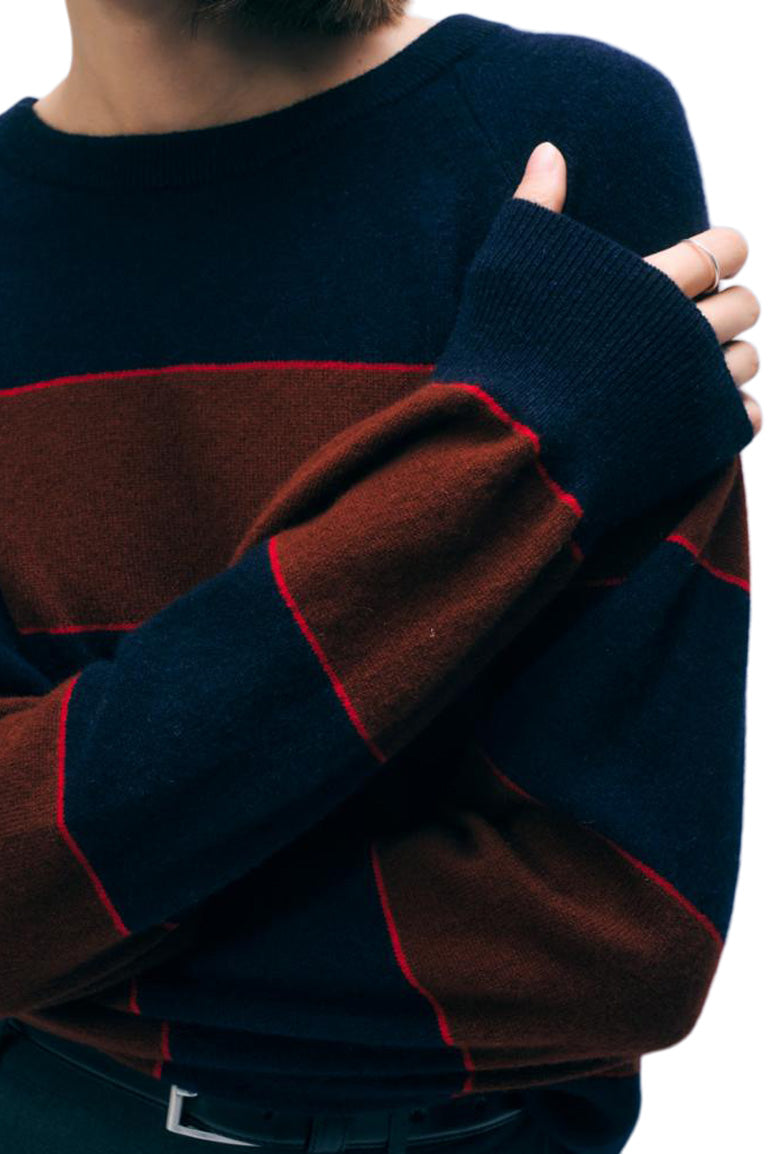 White & Warren Cashmere Striped Sweatshirt in Deep Navy Combo