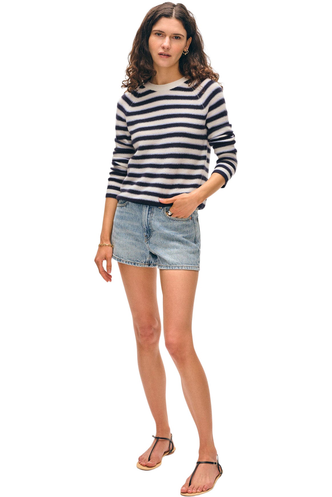 White & Warren Cashmere Striped Sweatshirt
 in Soft White Combo
