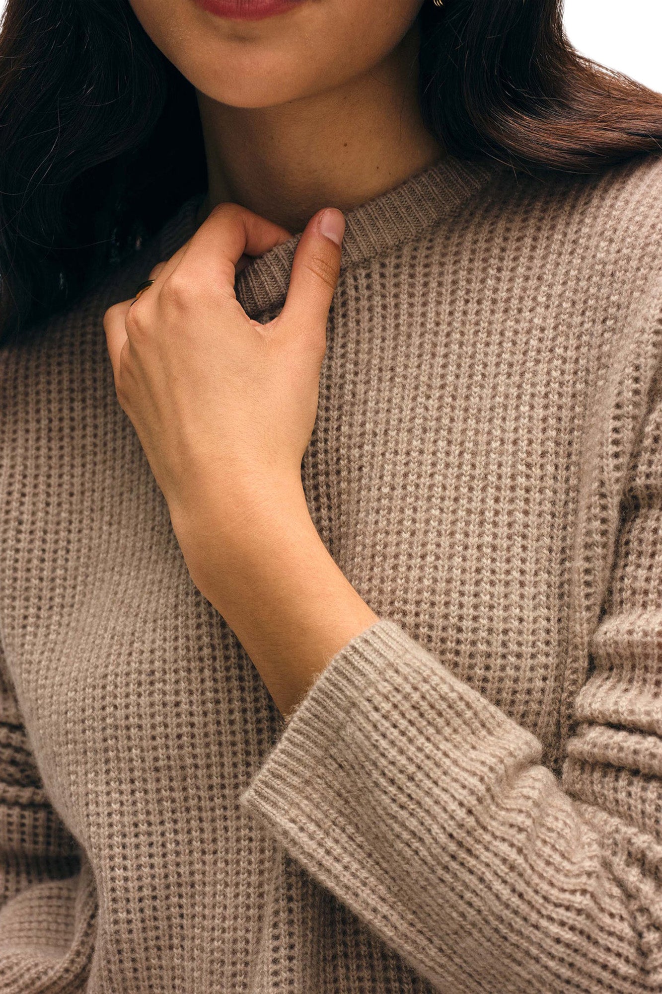 White & Warren Cashmere Waffle Mesh Crewneck
 in Taupe Heather