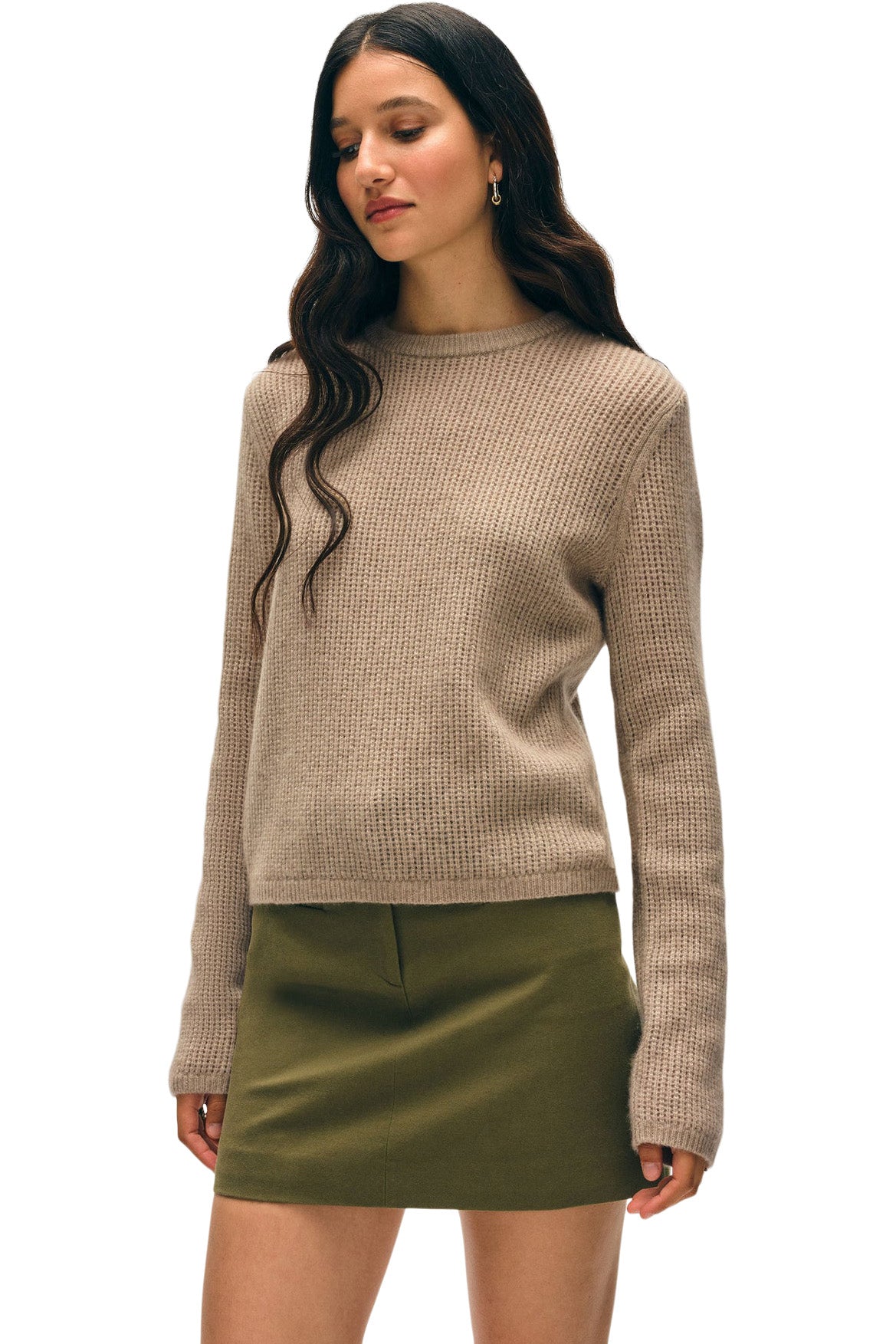 White & Warren Cashmere Waffle Mesh Crewneck
 in Taupe Heather