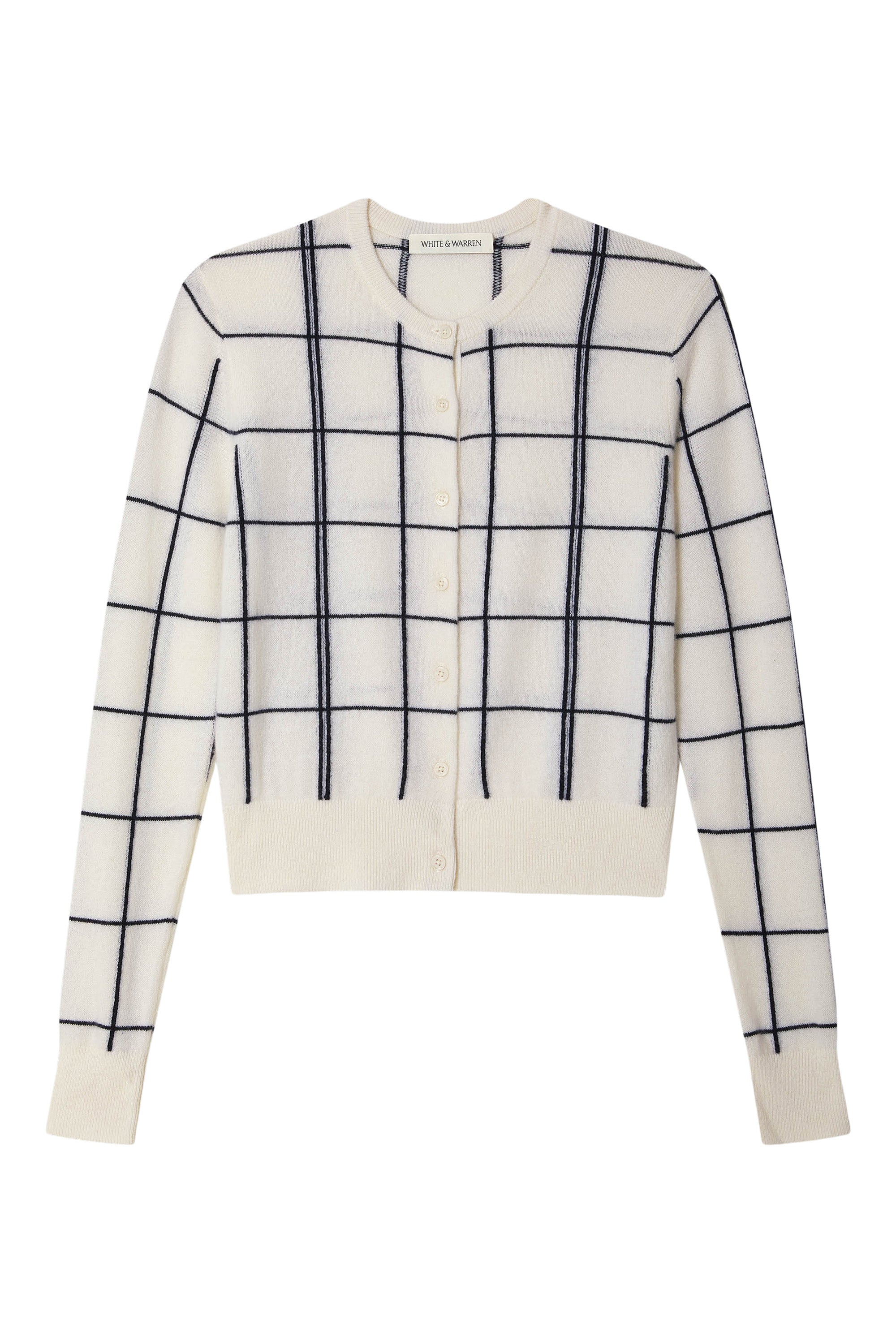 White & Warren Windowpane Cardigan in Soft White-Deep Navy Grid