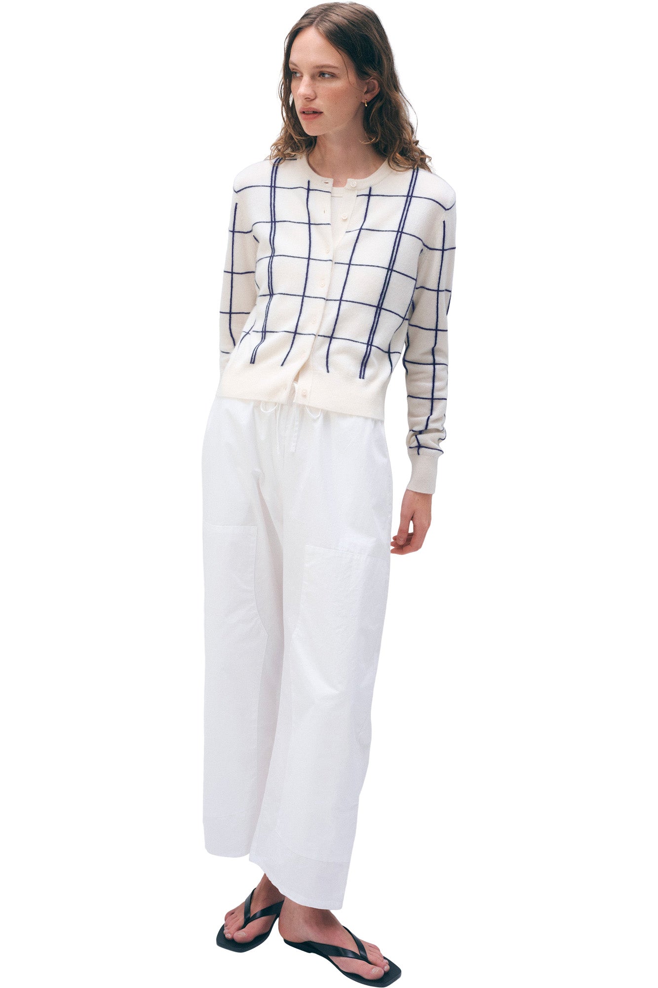 White & Warren Windowpane Cardigan in Soft White-Deep Navy Grid
