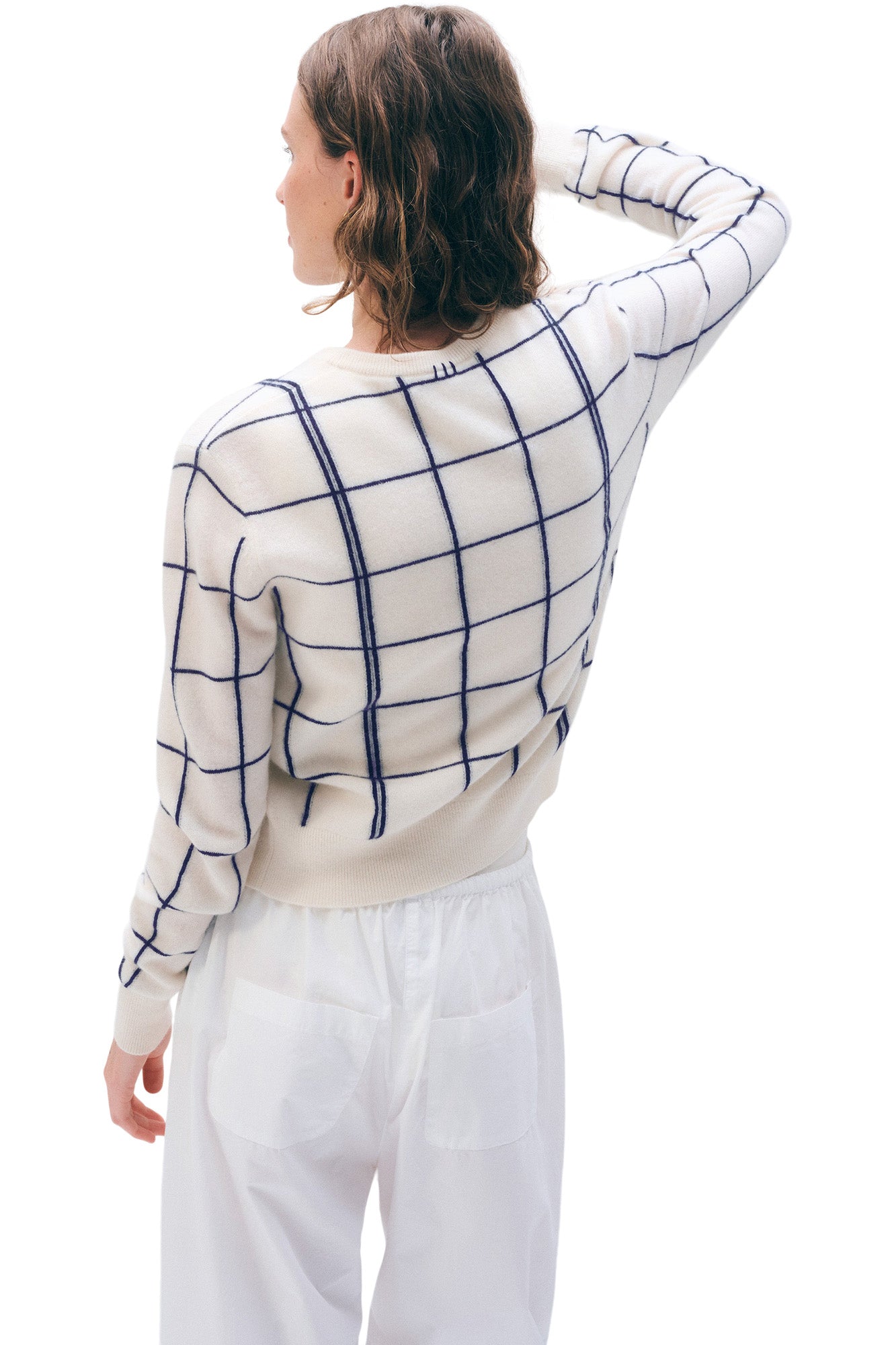 White & Warren Windowpane Cardigan in Soft White-Deep Navy Grid