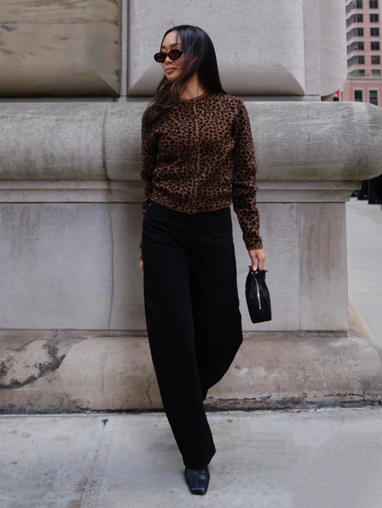 White & Warren Leopard Print Cardigan in Cedarwood / Black Leopard