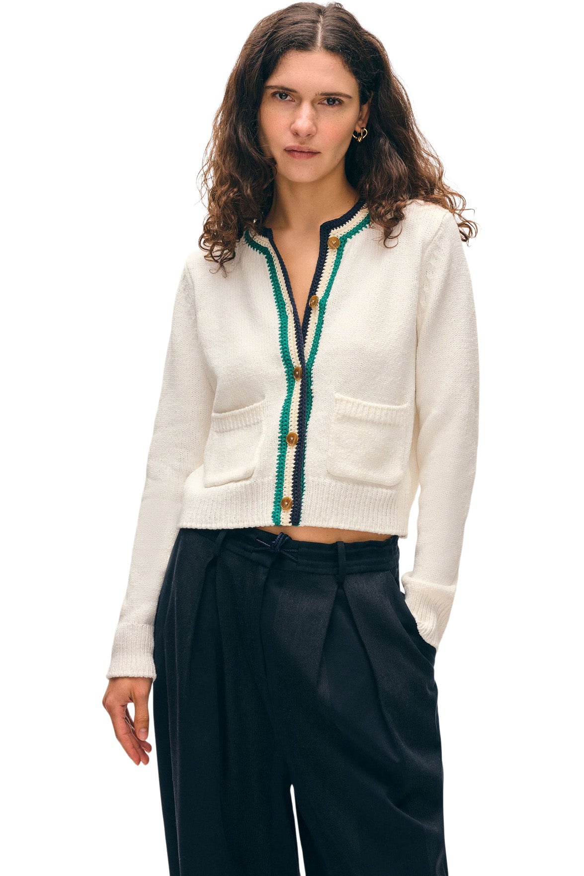 White & Warren Lofty Cotton Crochet Trim Cardigan in Ivory - Navy Teal