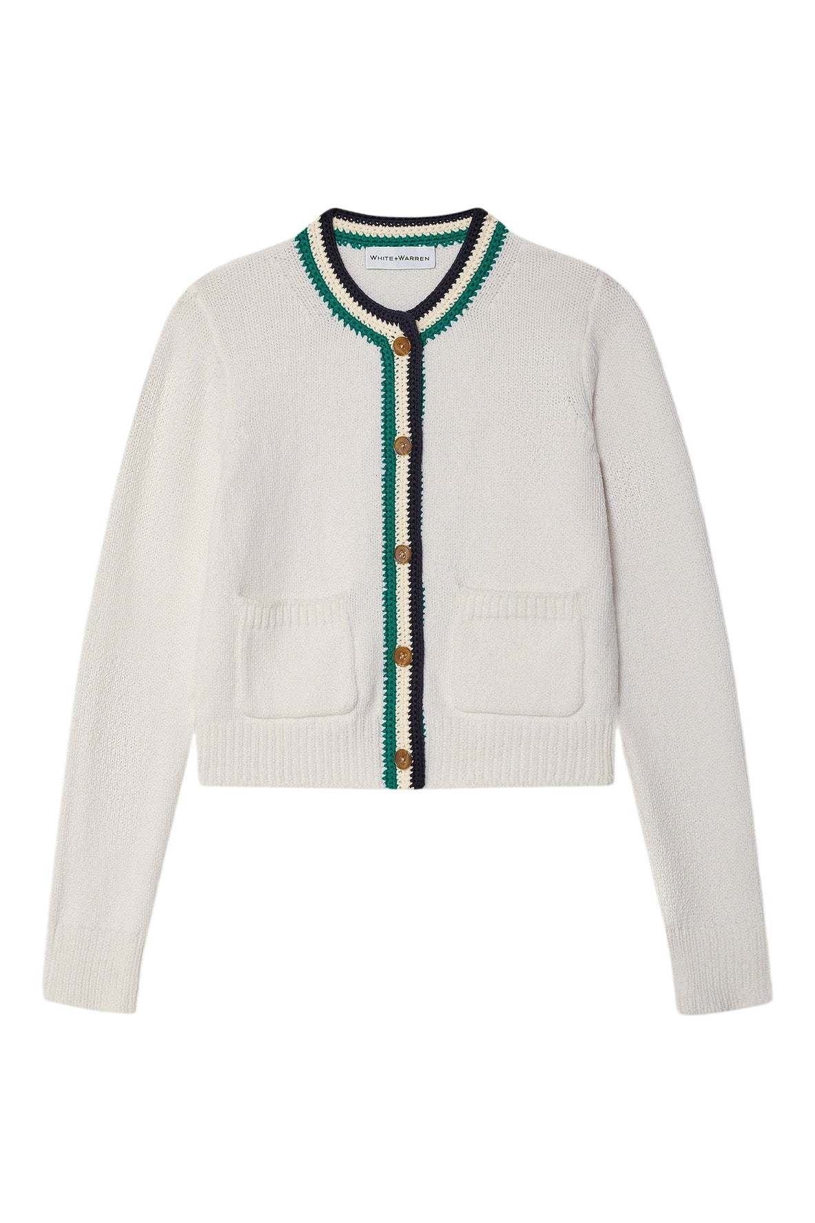 White & Warren Lofty Cotton Crochet Trim Cardigan in Ivory - Navy Teal