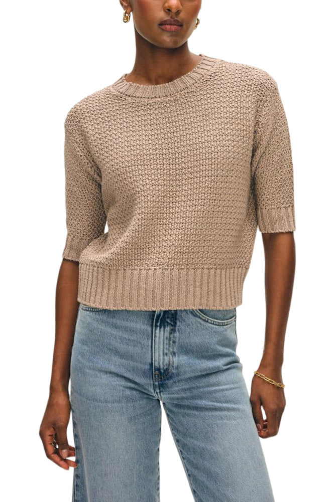 White & Warren Mercerized Cotton Textured Sweater in Warm Stone