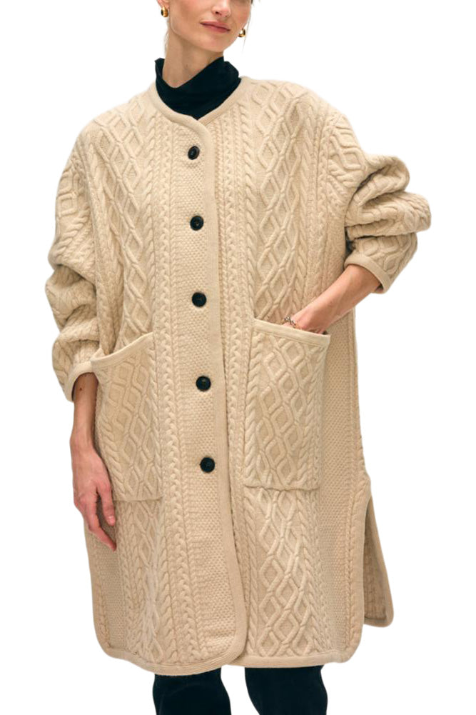 White & Warren Merino Luxe Cable Coat in Honey Cream
