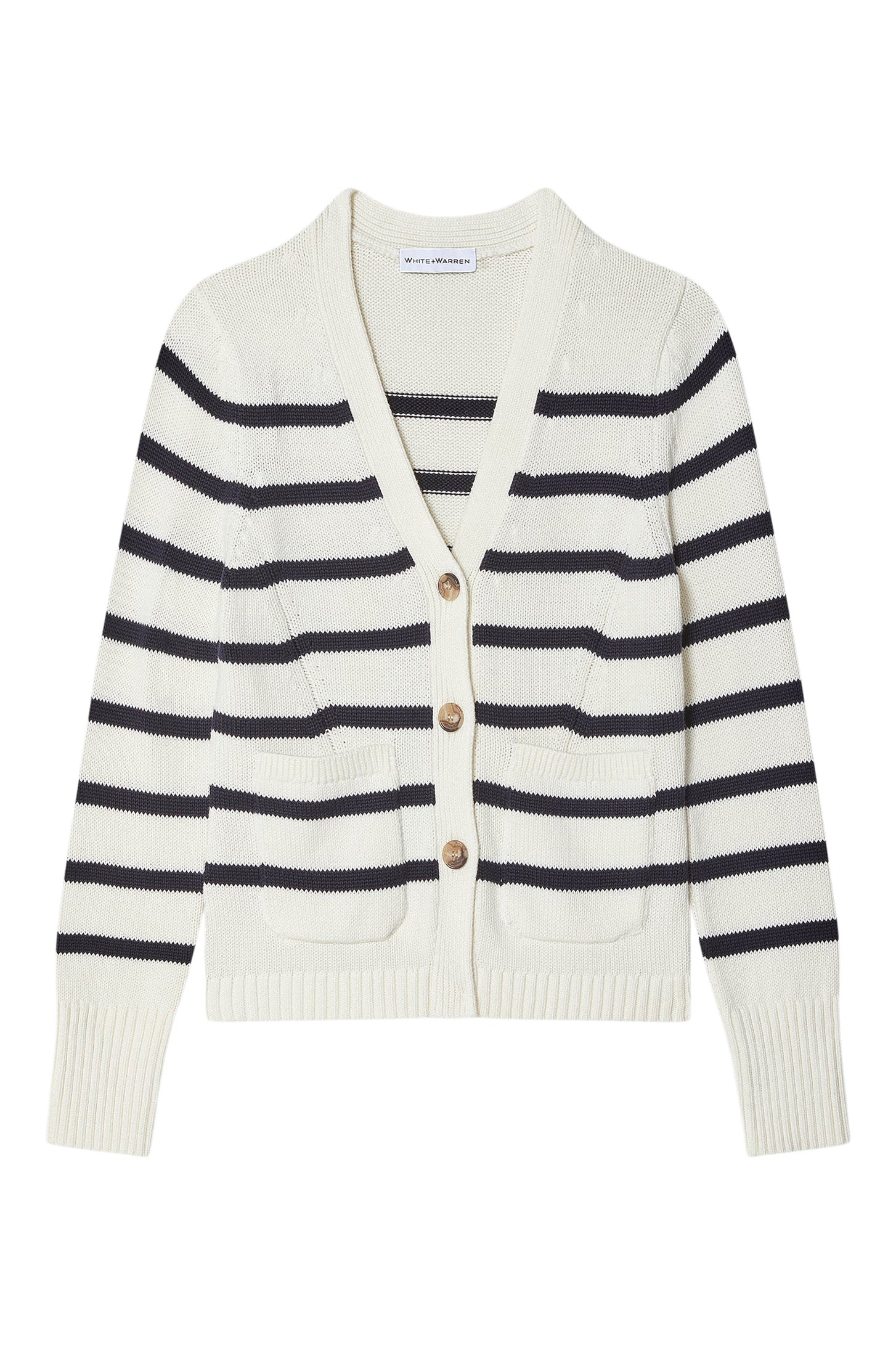 White & Warren Organic Cotton Waisted Cardigan
 in Ivory-Navy