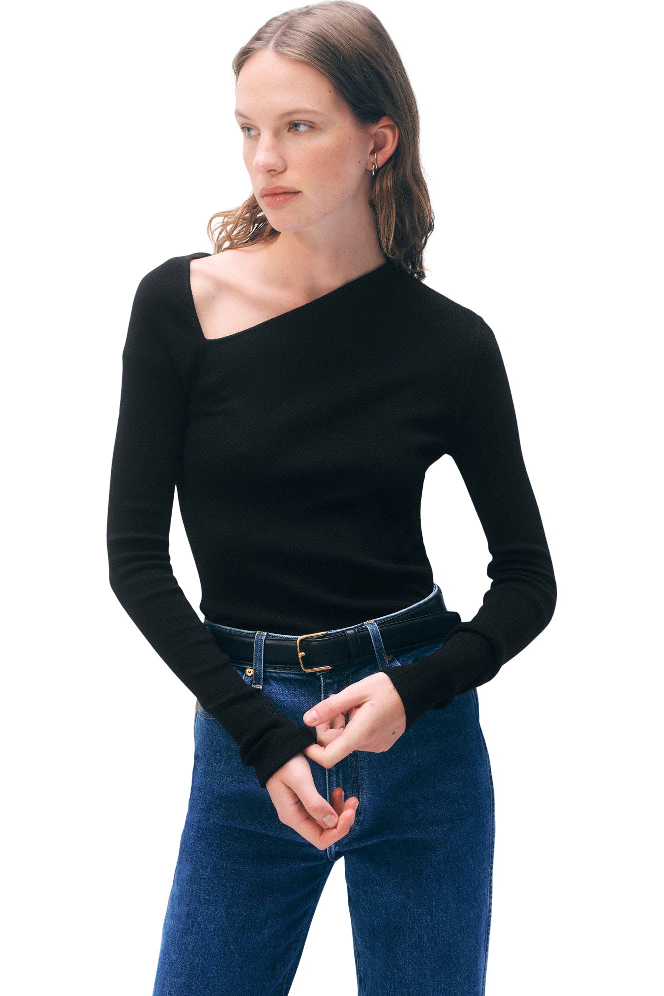 White & Warren Superfine Merino Asymmetrical Top
 in Black