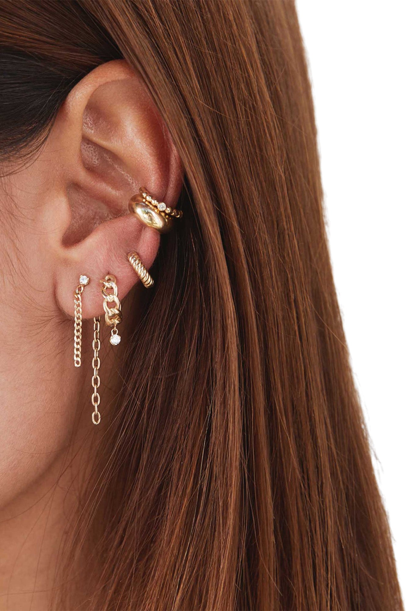 Zoe Chicco Prong Diamond Mixed Chain Double Drop Earrings in 14k Yellow Gold