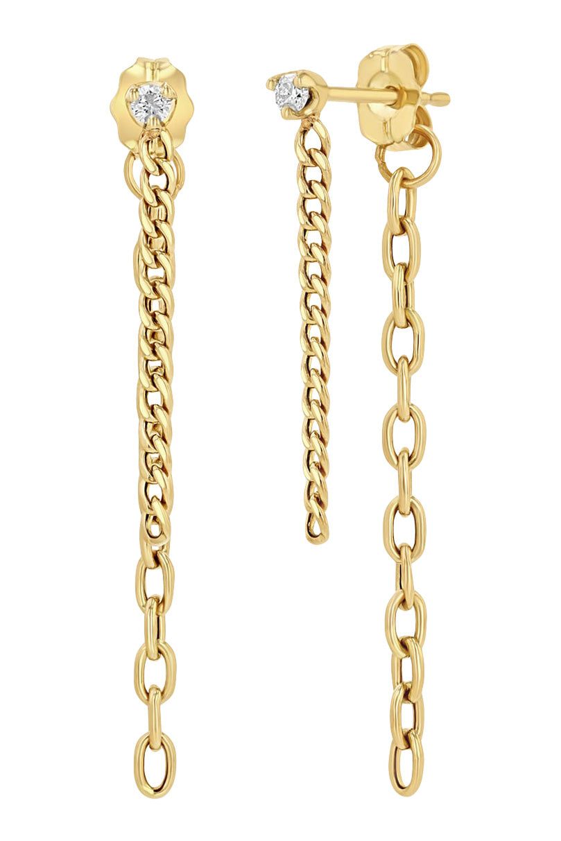 Zoe Chicco Prong Diamond Mixed Chain Double Drop Earrings in 14k Yellow Gold