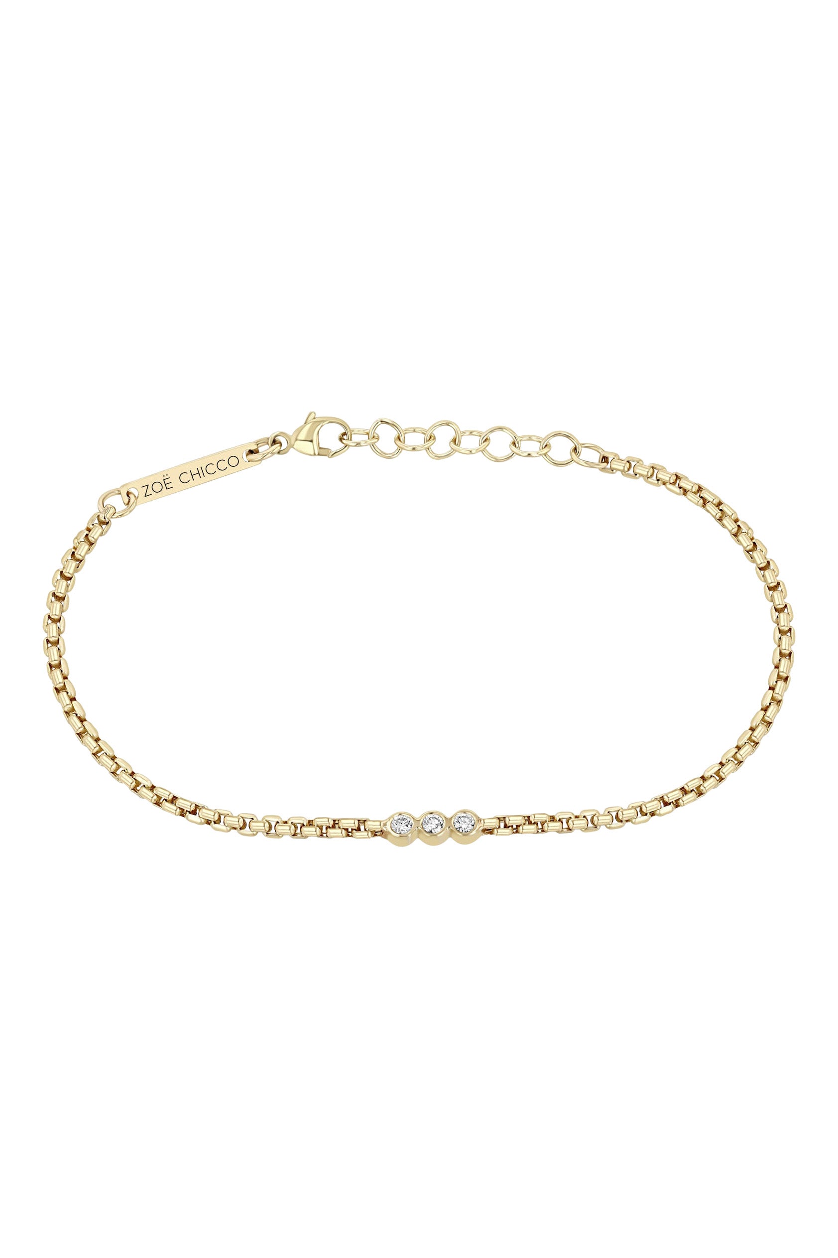 Zoe Chicco 14k 3 Diamond Bezel Small Box Chain Bracelet in Yellow Gold