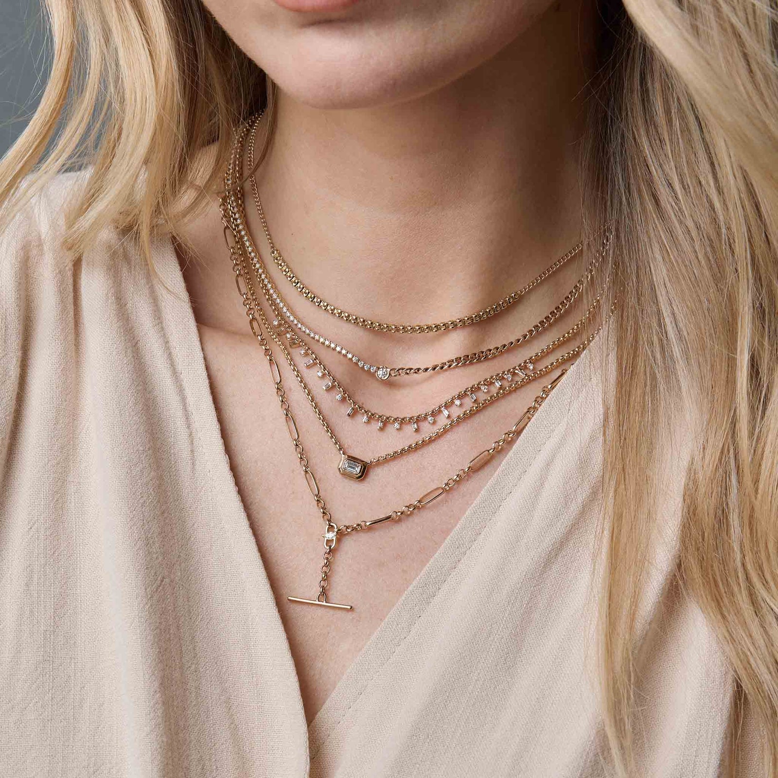 Zoe Chicco 14k Alternating Baguette & Round Diamond Small Box Chain Necklace in Yellow Gold