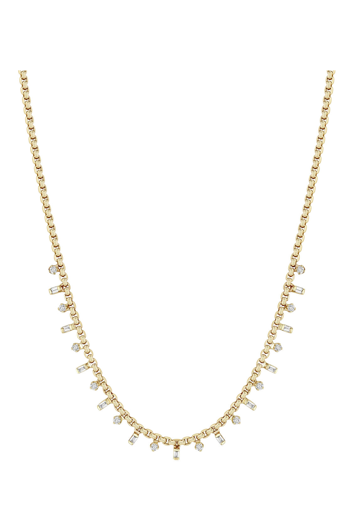 Zoe Chicco 14k Alternating Baguette & Round Diamond Small Box Chain Necklace in Yellow Gold