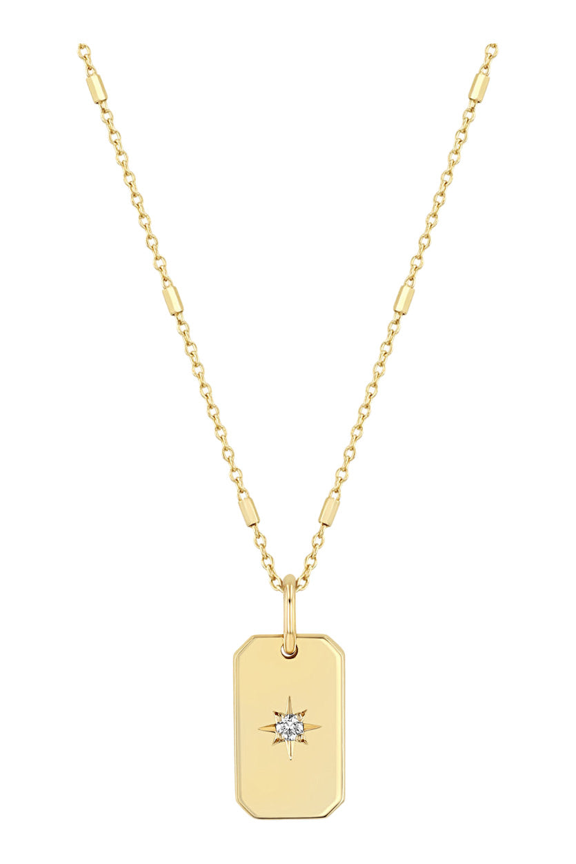 Zoe Chicco Diamond Small Square Edge Dog Tag Necklace in Yellow Gold