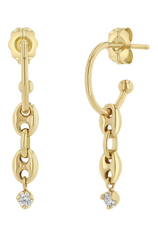 Zoe Chicco Dangling Diamond & Puffed Mariner Chain Thin Huggie Hoops in 14k Yellow Gold