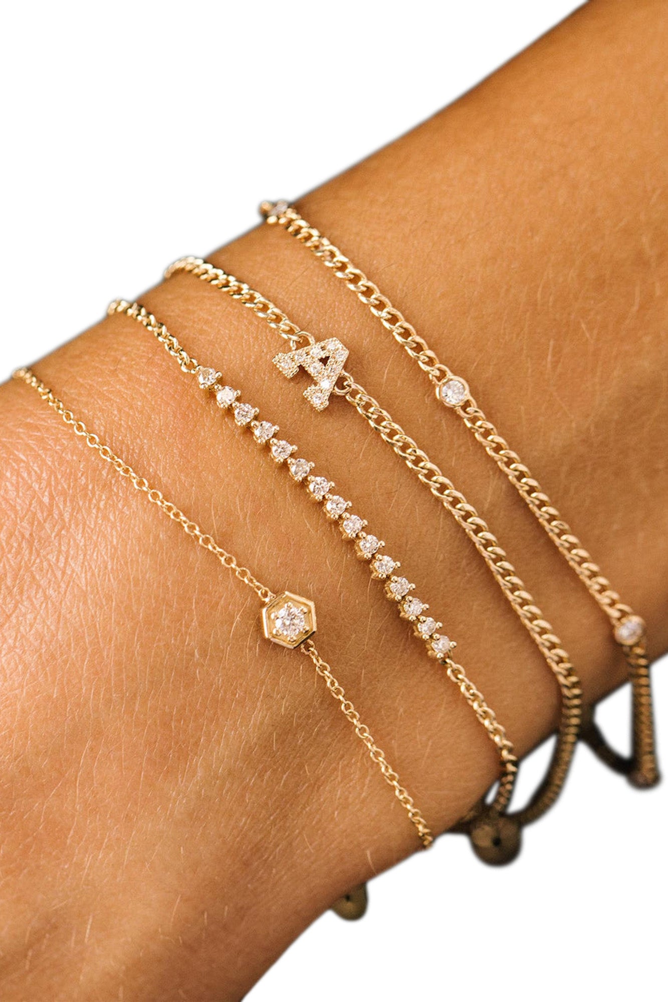 Zoe Chicco Extra Small Curb Chain Bracelet with 5 Floating Diamonds in 14k Yellow Gold