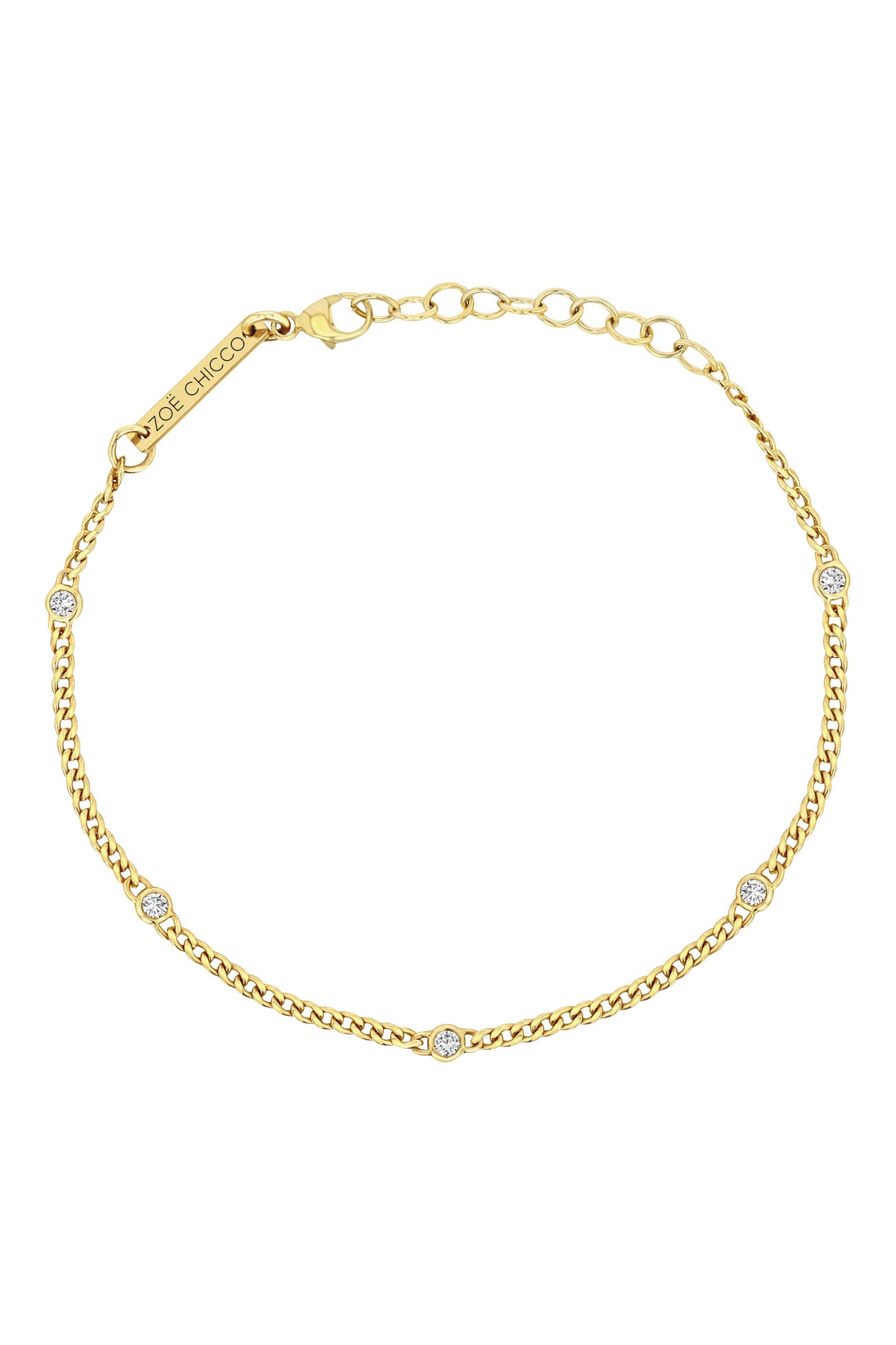 Zoe Chicco Extra Small Curb Chain Bracelet with 5 Floating Diamonds in 14k Yellow Gold