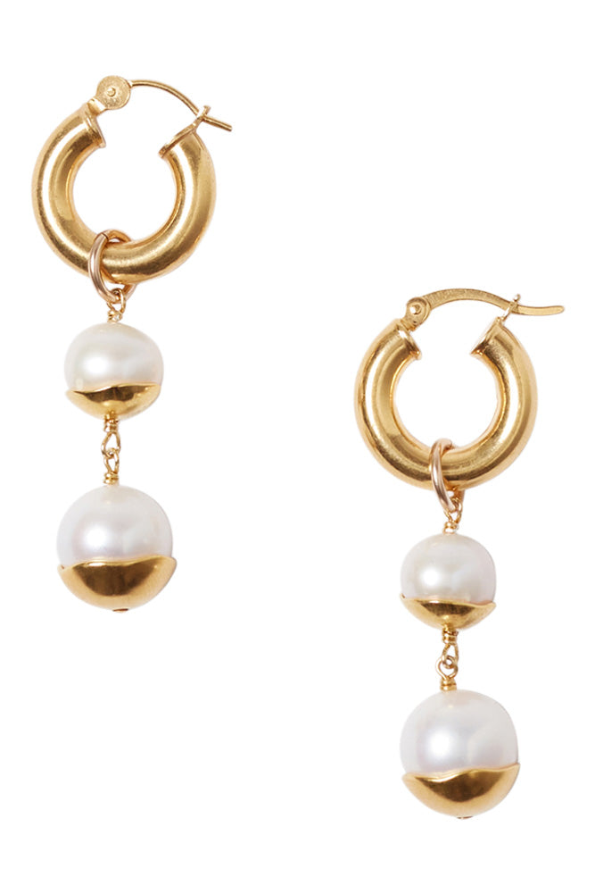 Chan Luu Gold Dipped Tiered Hoop Earrings in White Pearl