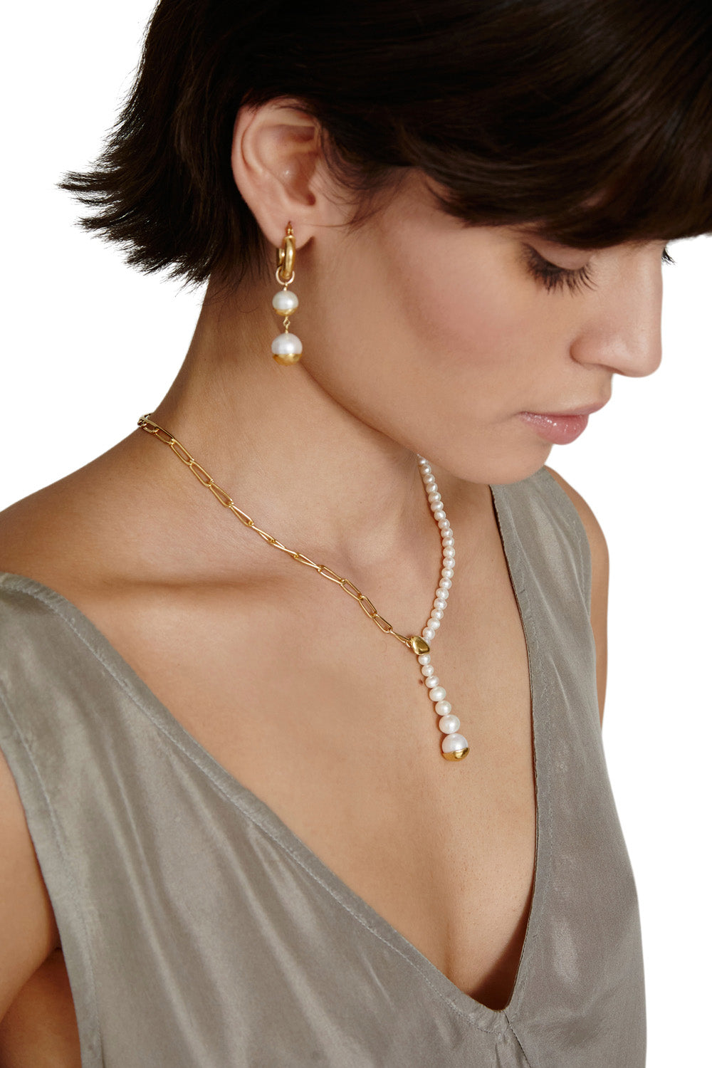 Chan Luu Gold Dipped Tiered Hoop Earrings in White Pearl