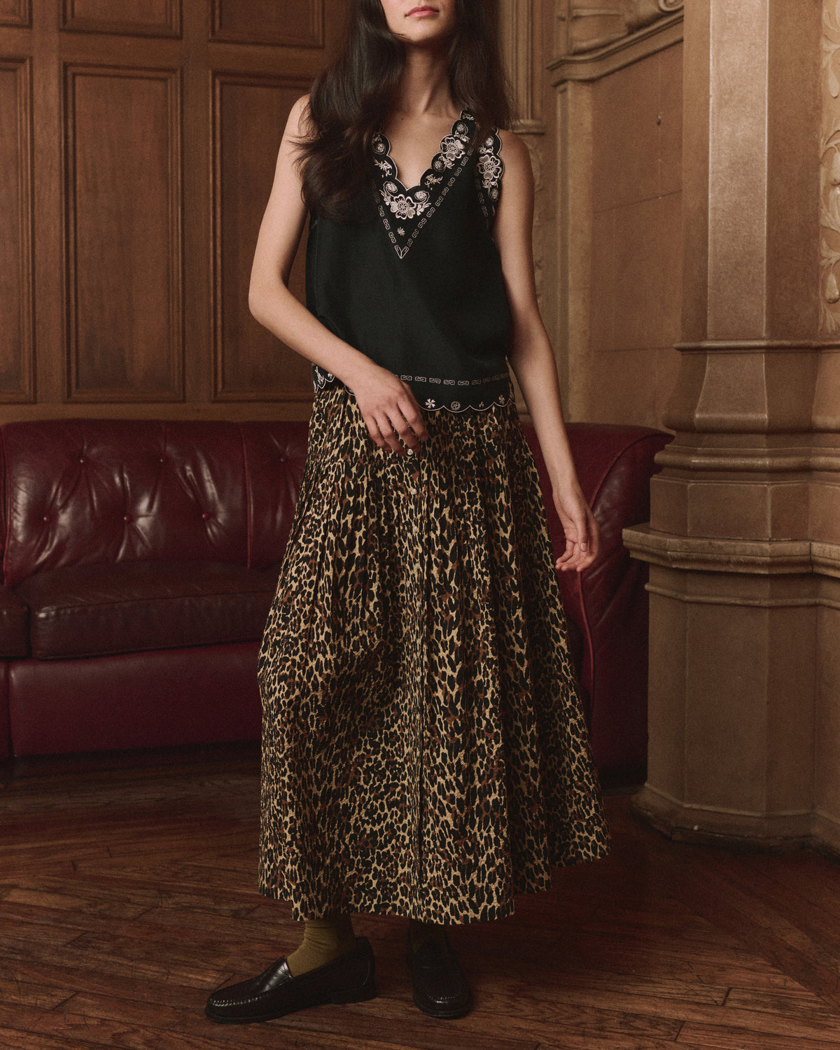 The Great The Embroidered Floral Slip Top in Black