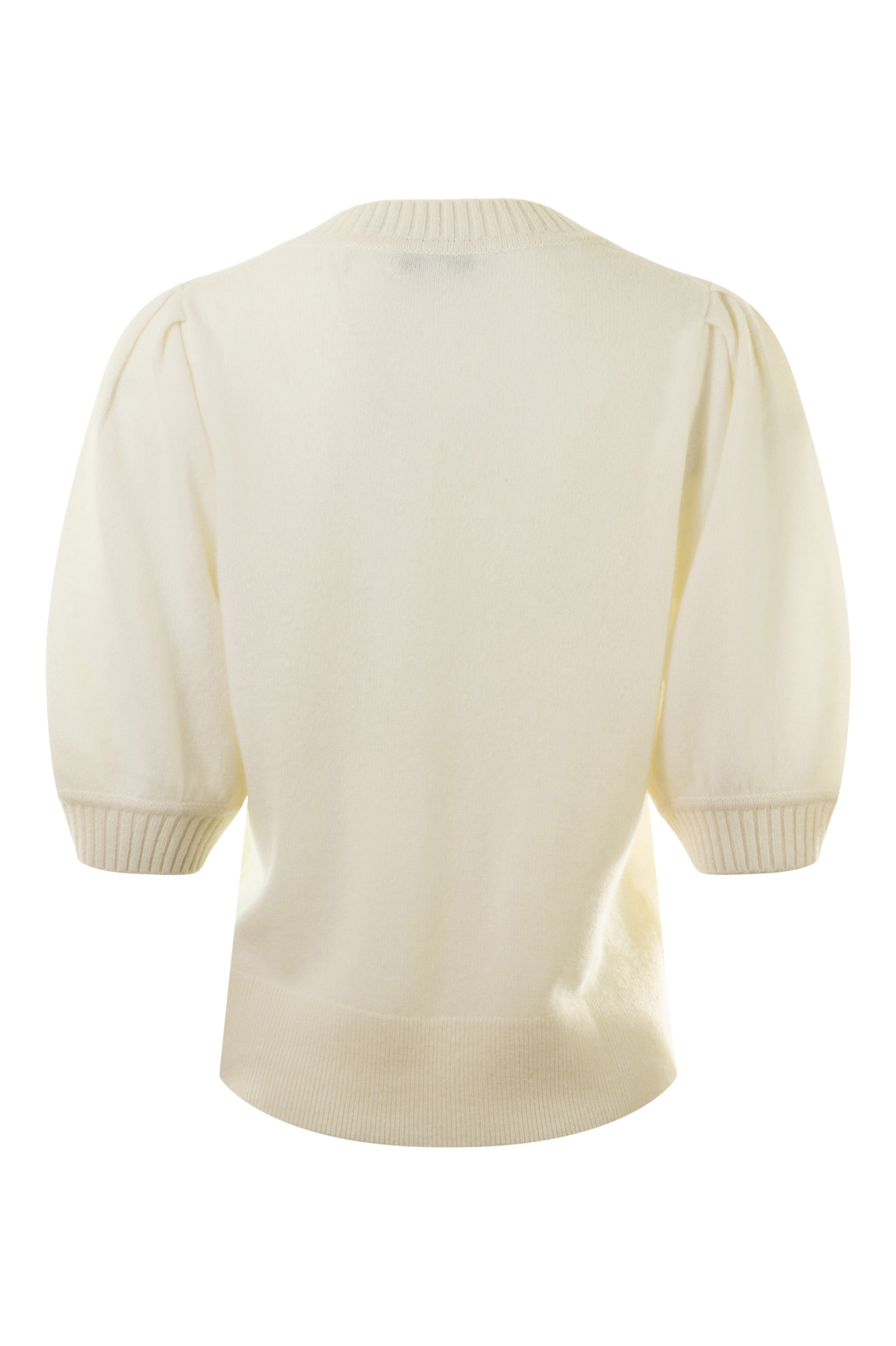 White & Warren Cashmere Puff Sleeve V-neck Sweater in Soft White