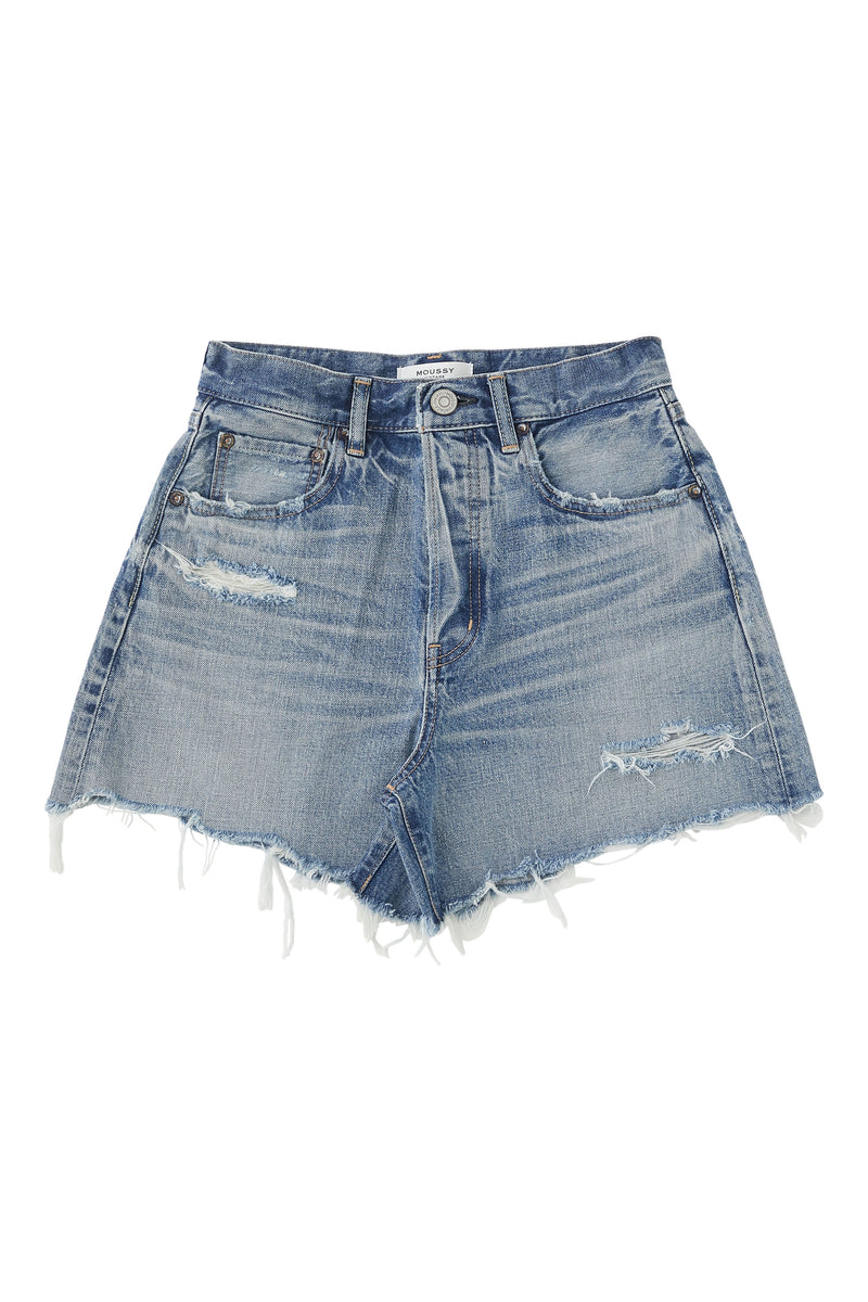 Moussy Denim Pelion High Waisted Shorts in Blue