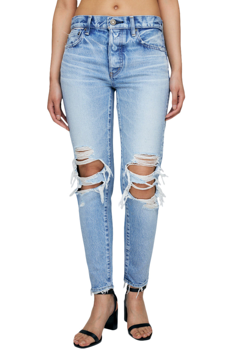 Moussy Denim May Tapered Mid Rise Jeans in Light Blue