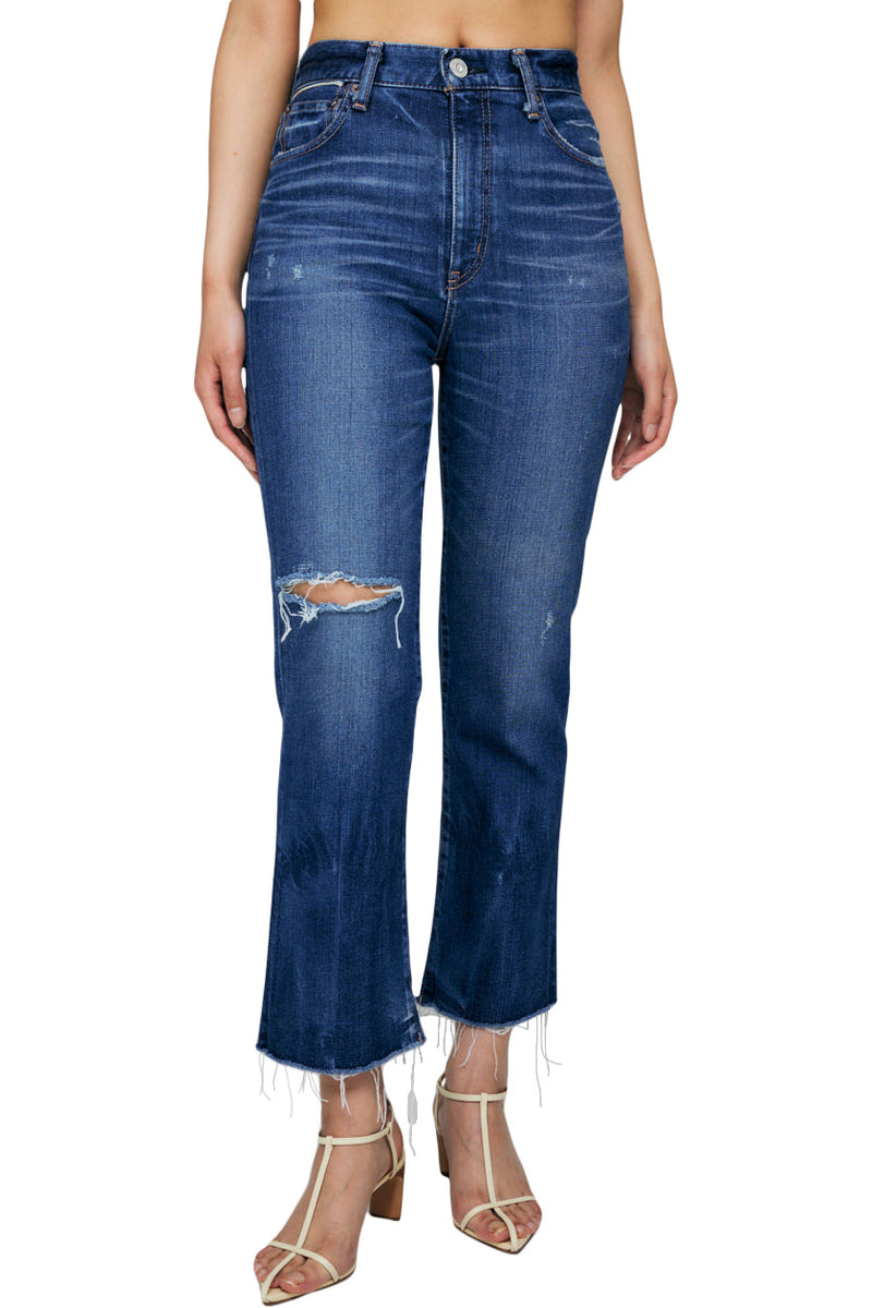 Moussy Denim Rhode Cropped Flare High Rise Jeans in Dark Blue