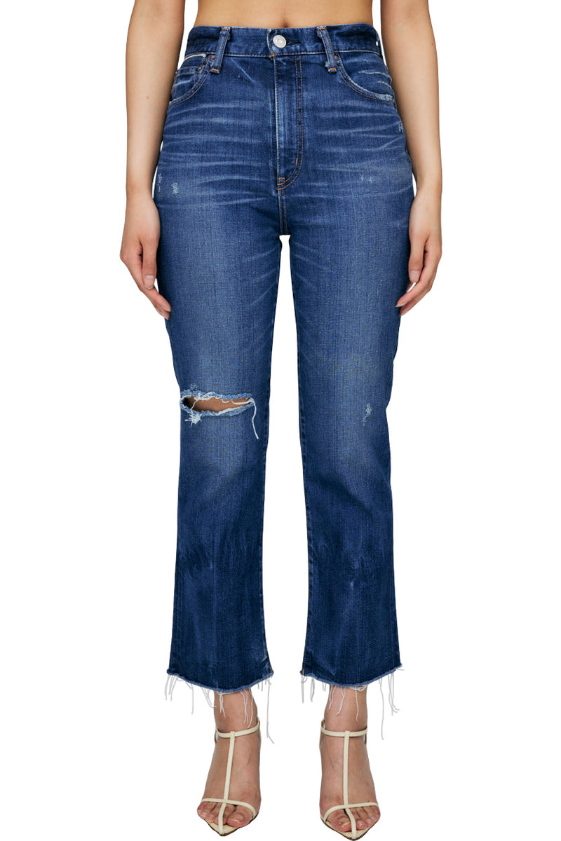 Moussy Denim Rhode Cropped Flare High Rise Jeans in Dark Blue