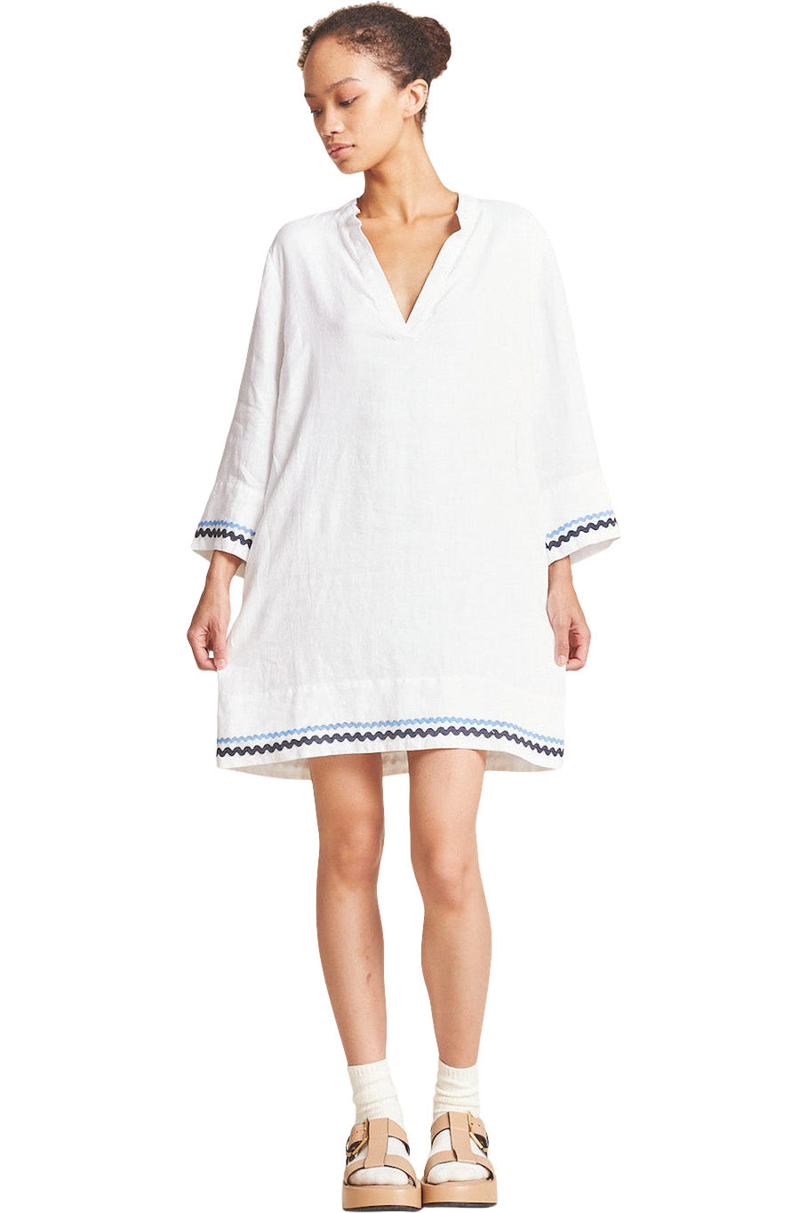 Trovata Birds of Paradis Lucca Shift Dress in White with Ric Rac