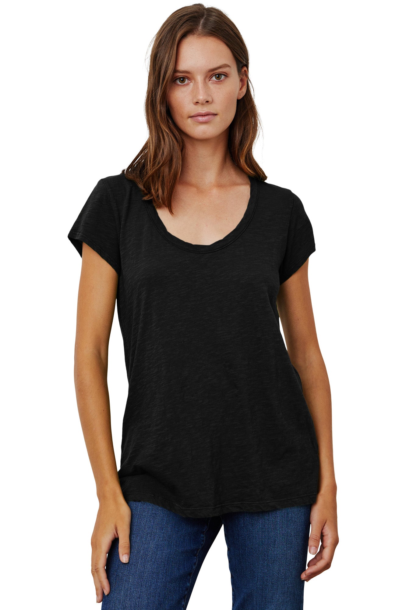 Velvet Kira Short Sleeve Soft V-neck Tee in Black