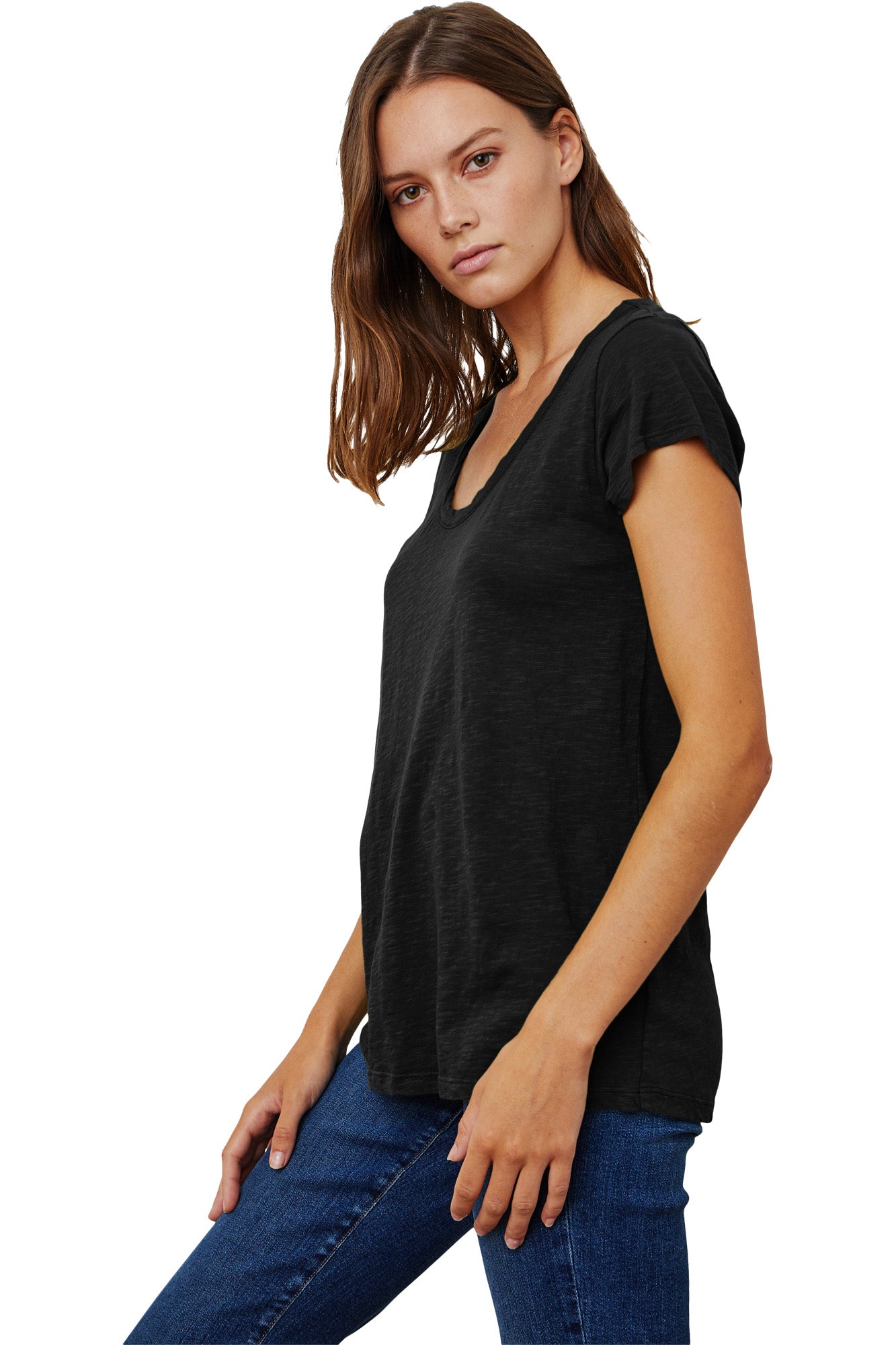 Velvet Kira Short Sleeve Soft V-neck Tee in Black